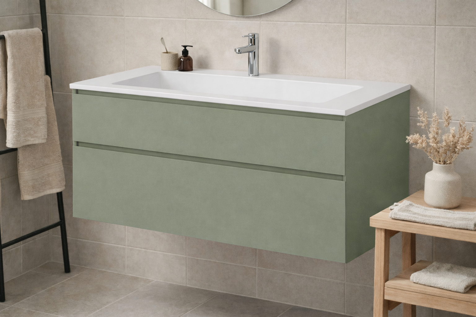 SanoBlu Pure wastafelmeubel 100 cm savanne groen met solid surface wastafel 1
