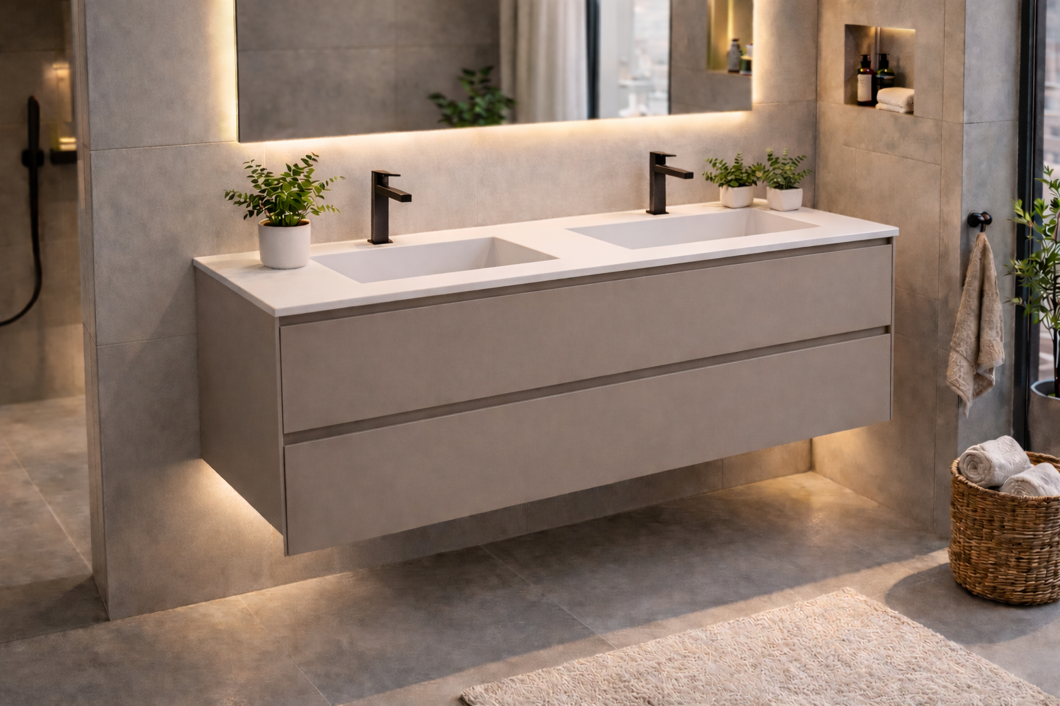 SanoBlu Pure wastafelmeubel 120 cm cacao bruin met corian dubbele wastafel