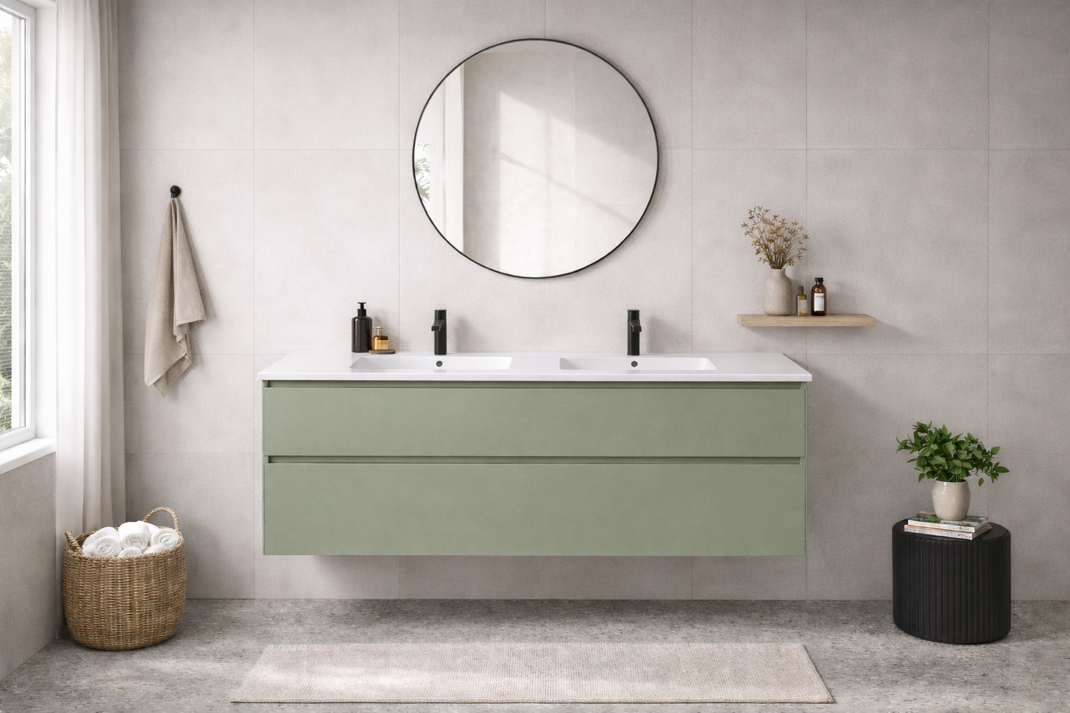 SanoBlu Pure wastafelmeubel 120 cm savanne groen met dubbel keramische wastafel 1