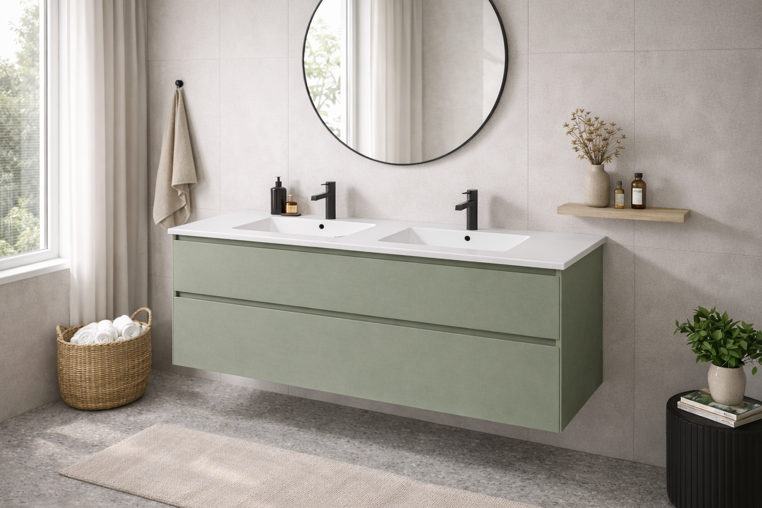 SanoBlu Pure wastafelmeubel 120 cm savanne groen met dubbel keramische wastafel 2