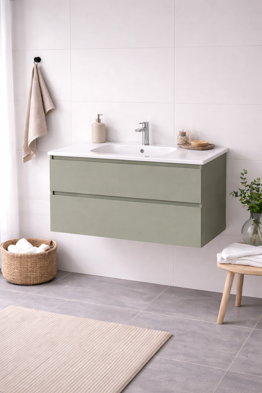SanoBlu Pure wastafelmeubel 80 cm savanne groen met keramische wastafel