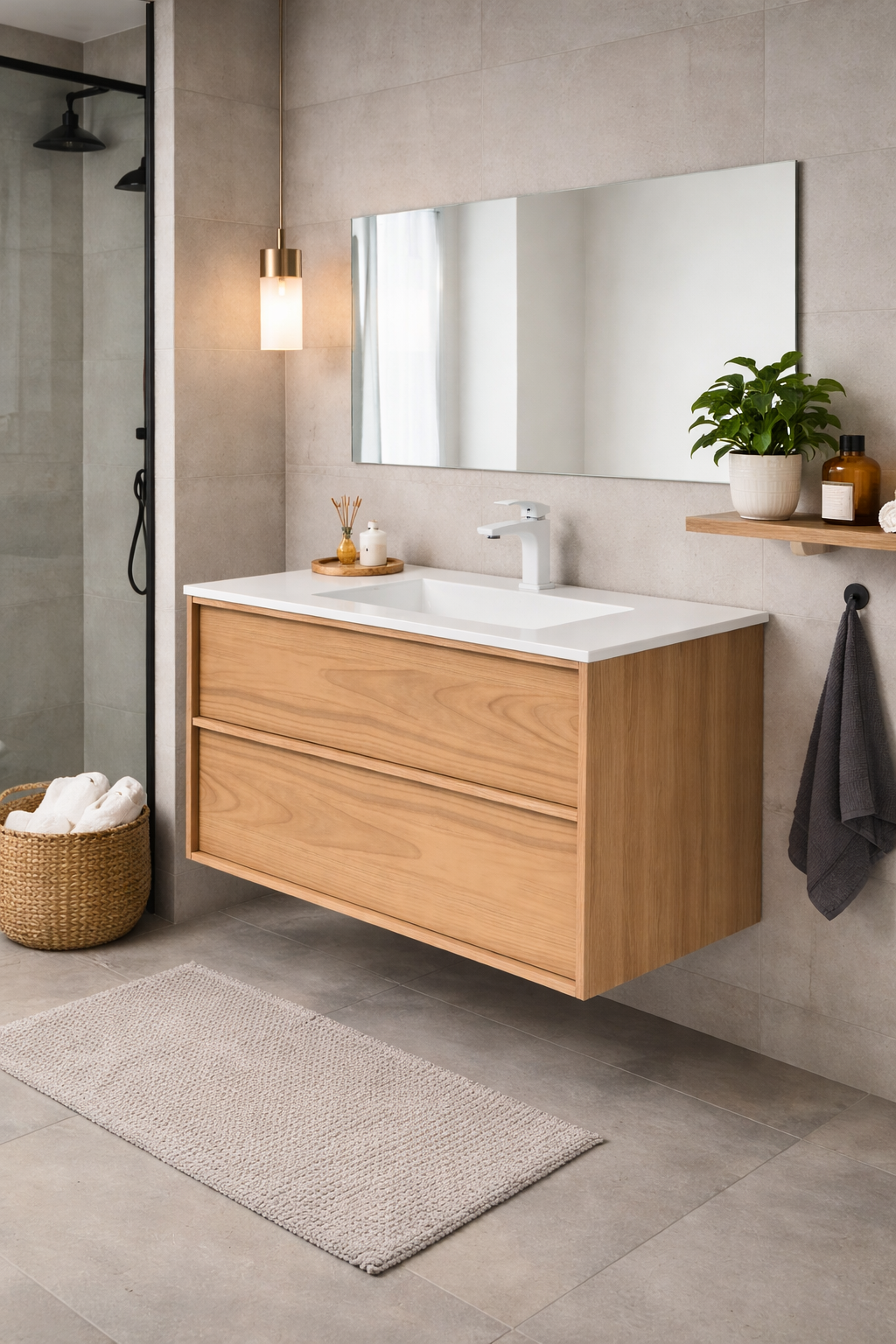 SanoBlu Riva wastafelmeubel 80 cm echt eikenfineer naturel met corian wastafel