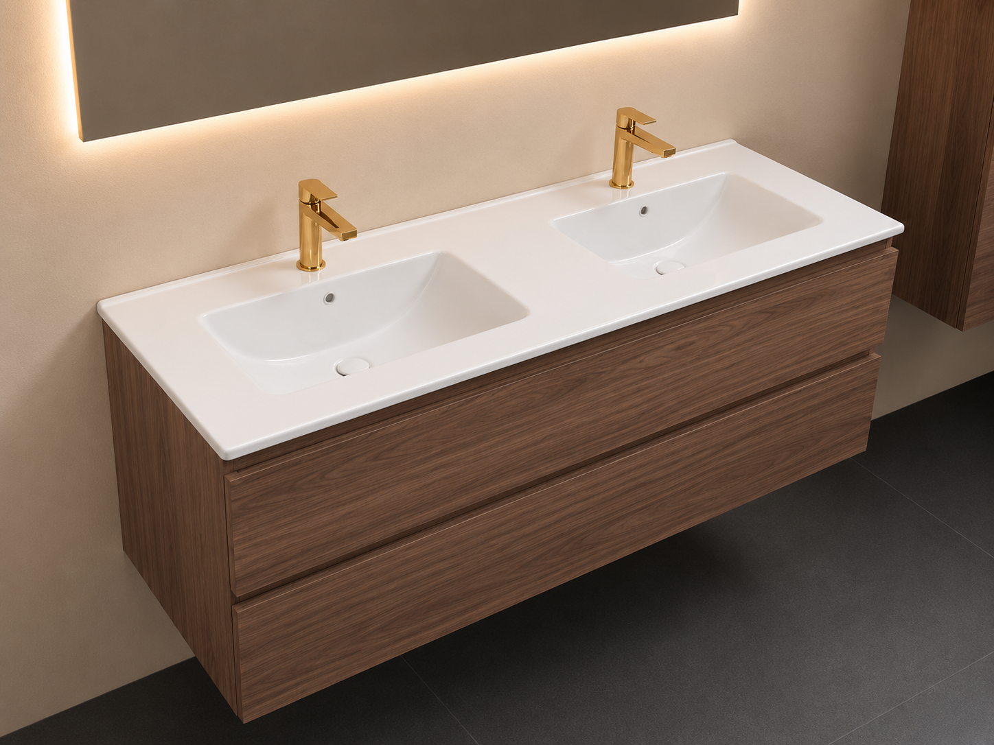 SanoBlu Sella badkamer meubel 120 cm Mocha met dubbele keramische wastafel