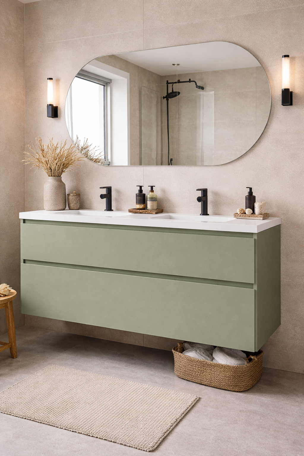 SanoBlu Pure wastafelmeubel 120 cm savanne groen met corian dubbele wastafel 3