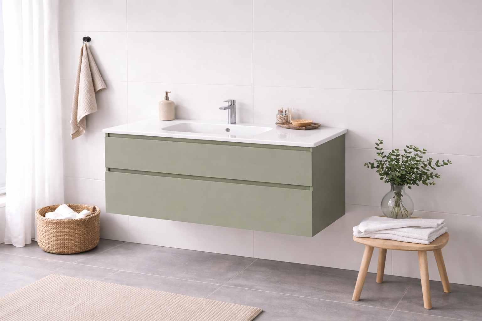SanoBlu Pure wastafelmeubel 120 cm savanne groen met keramische wastafel