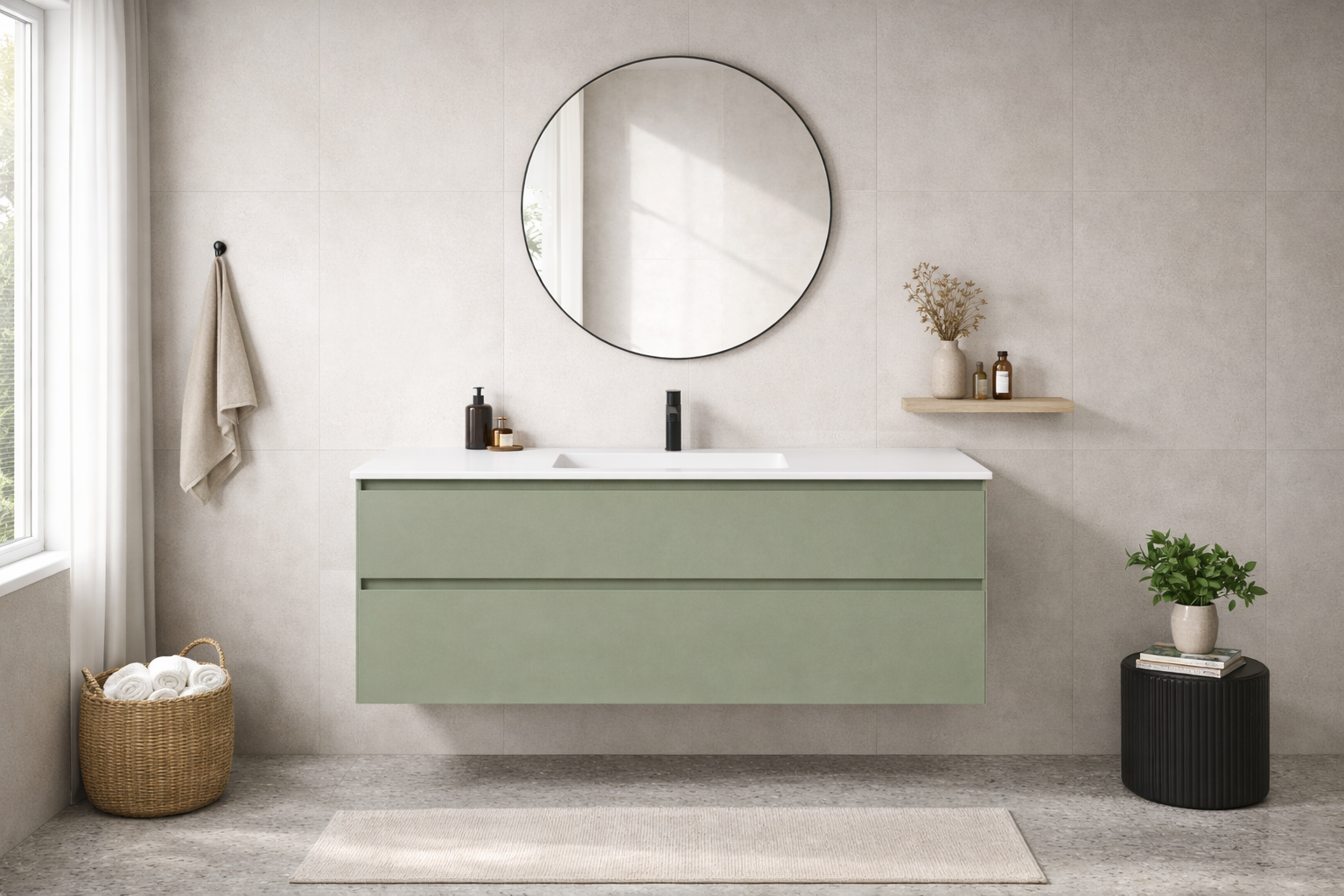 SanoBlu Pure wastafelmeubel 120 cm savanne groen met solid surface wastafel 1