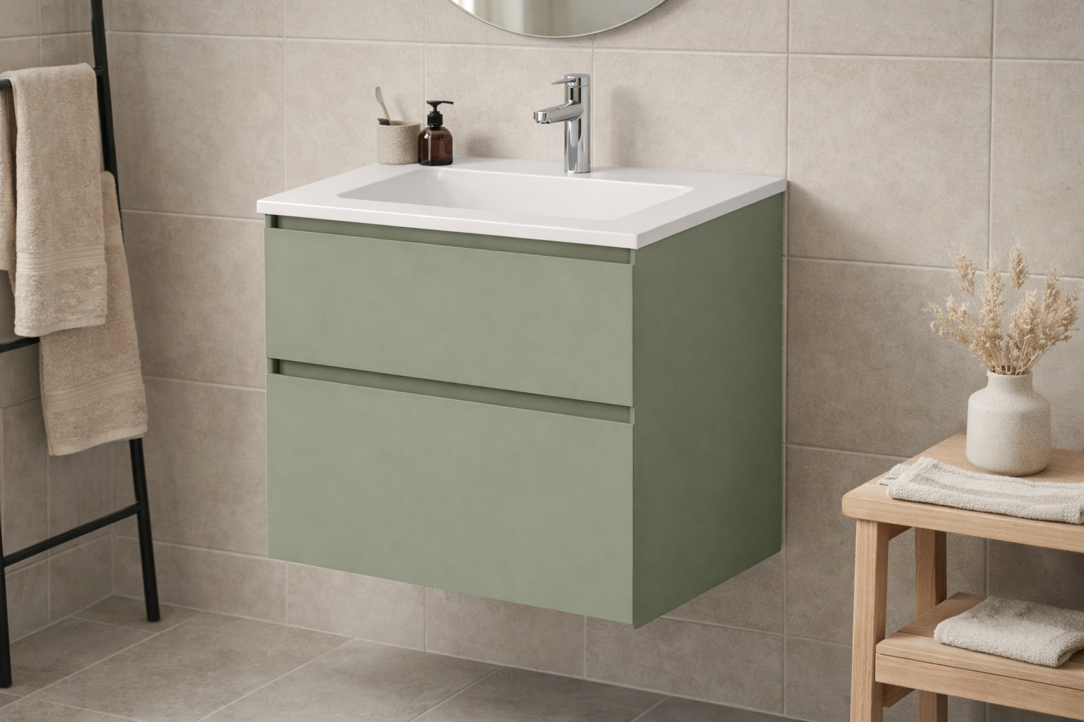 SanoBlu Pure wastafelmeubel 60 cm savanne groen met solid surface wastafel 1