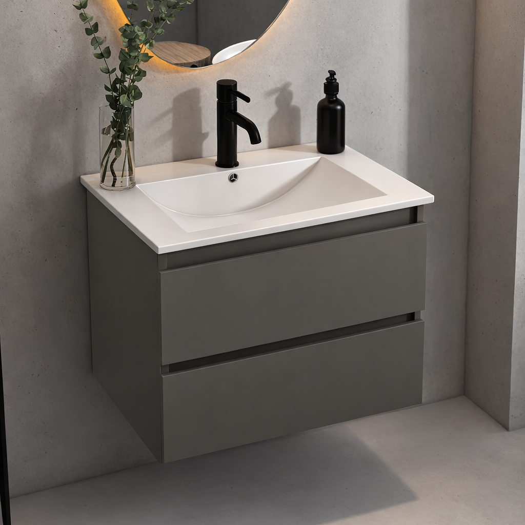 SanoBlu Pure wastafelmeubel 60 cm steengrijs met keramische wastafel