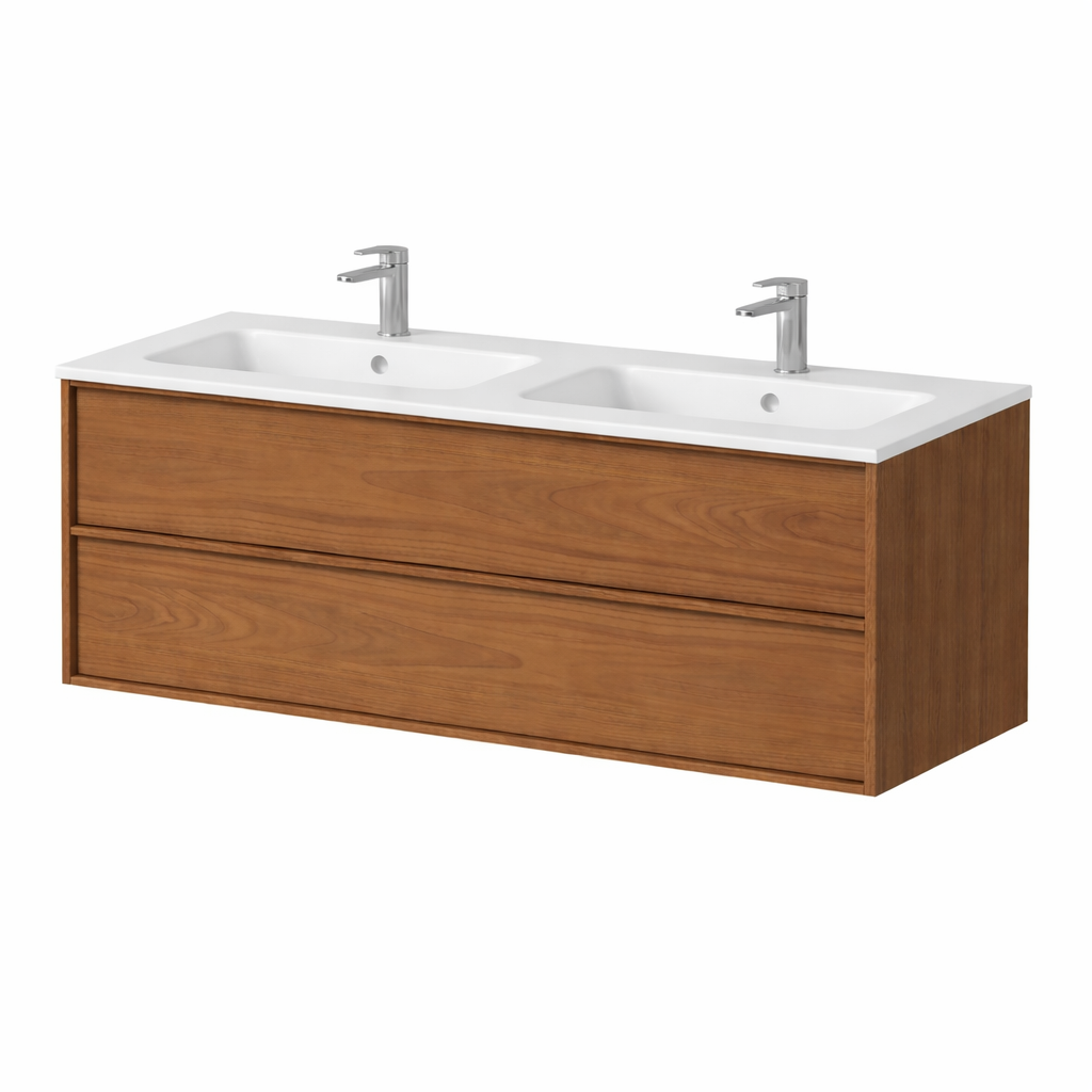 SanoBlu Riva wastafelmeubel 120 cm echt eikenfineer koper met dubbele keramische wastafel