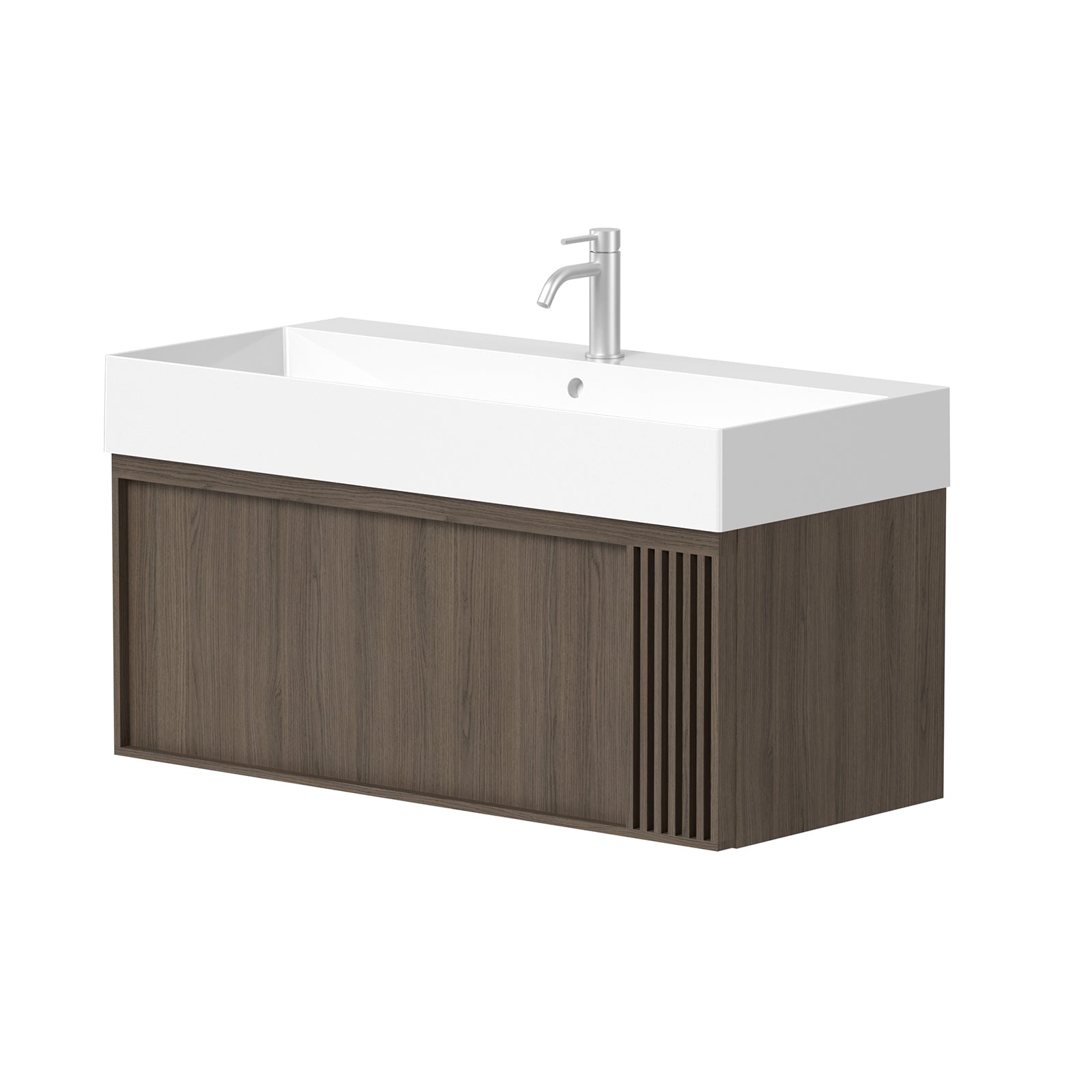 SanoBlu Fina wastafelmeubel 100 cm echt eikenhout en eikenfineer smoky met gefreesde front en keramische wastafel