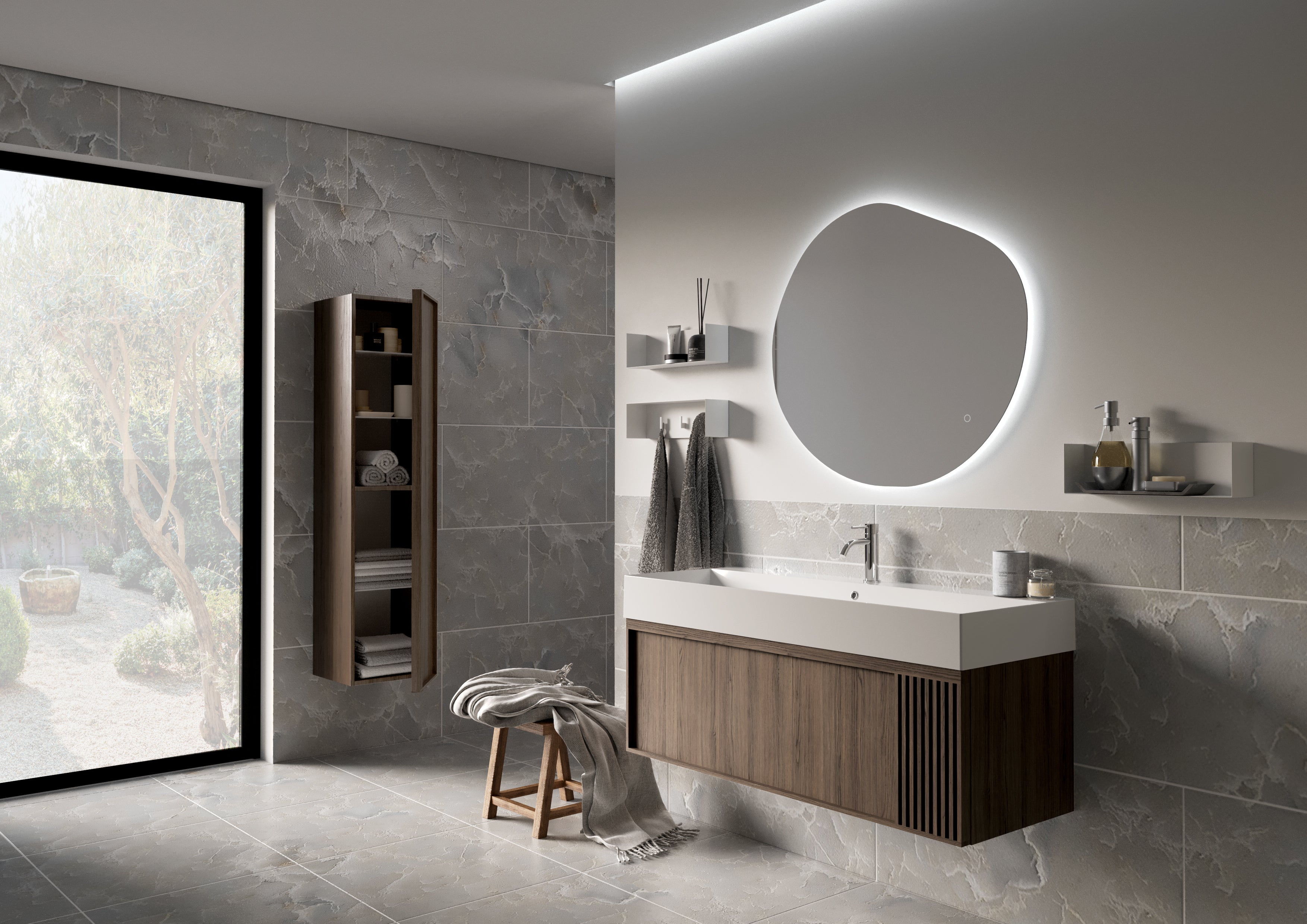 SanoBlu Fina wastafelmeubel 120 cm echt eikenhout en eikenfineer smoky met gefreesde front en keramische wastafel