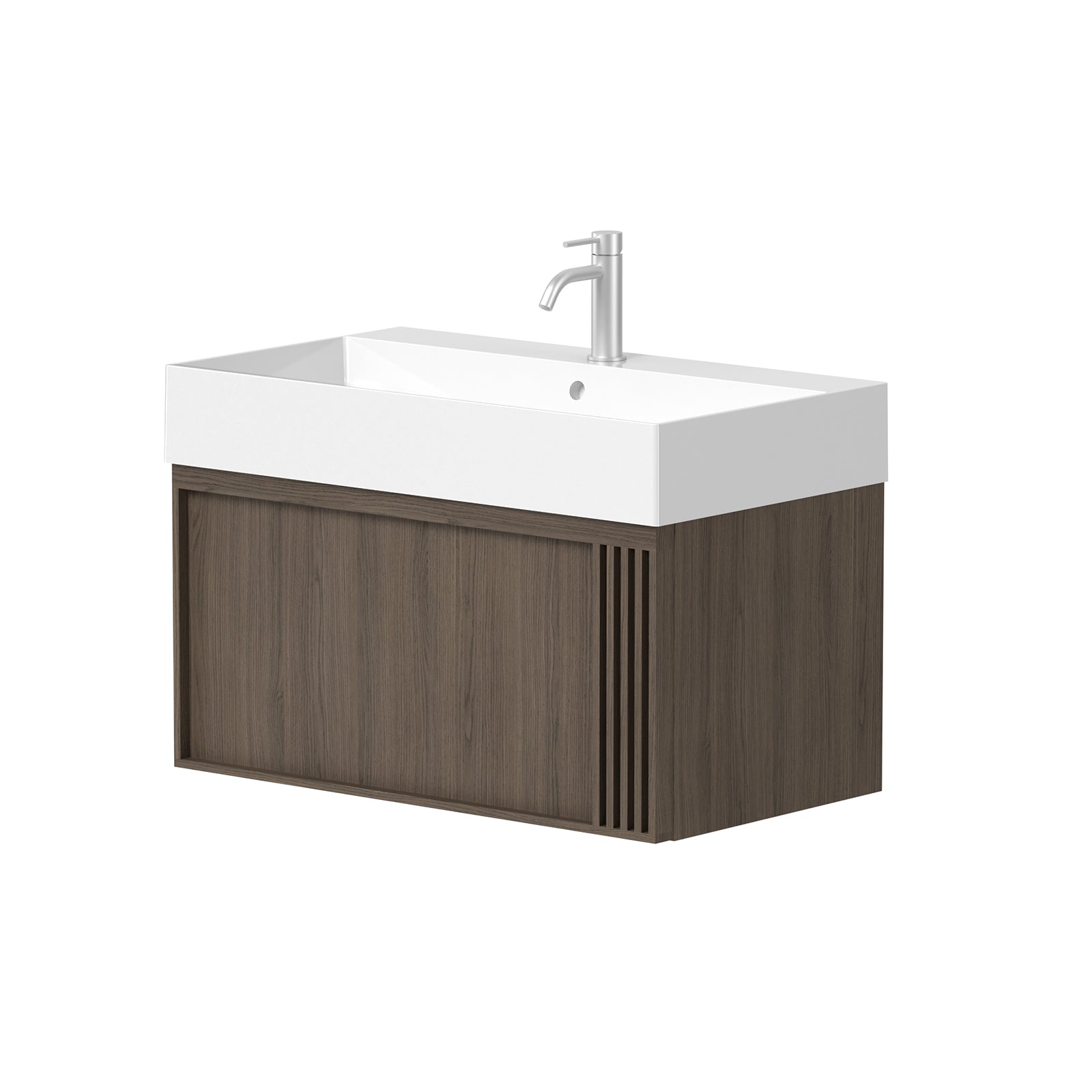 SanoBlu Fina wastafelmeubel 80 cm echt eikenhout en eikenfineer smoky met gefreesde front en keramische wastafel
