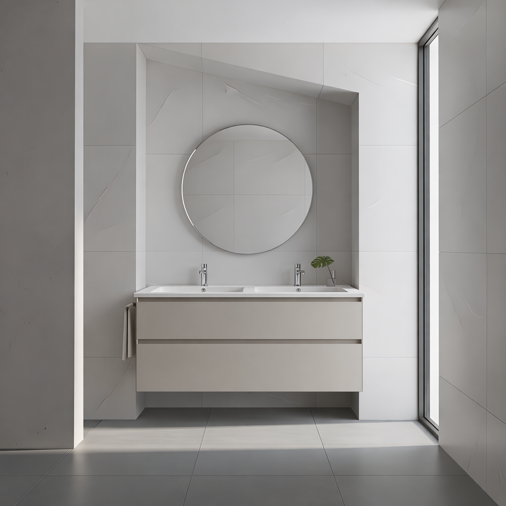 SanoBlu Pure wastafelmeubel 120 cm cashmere grijs met dubbele keramische wastafel 1