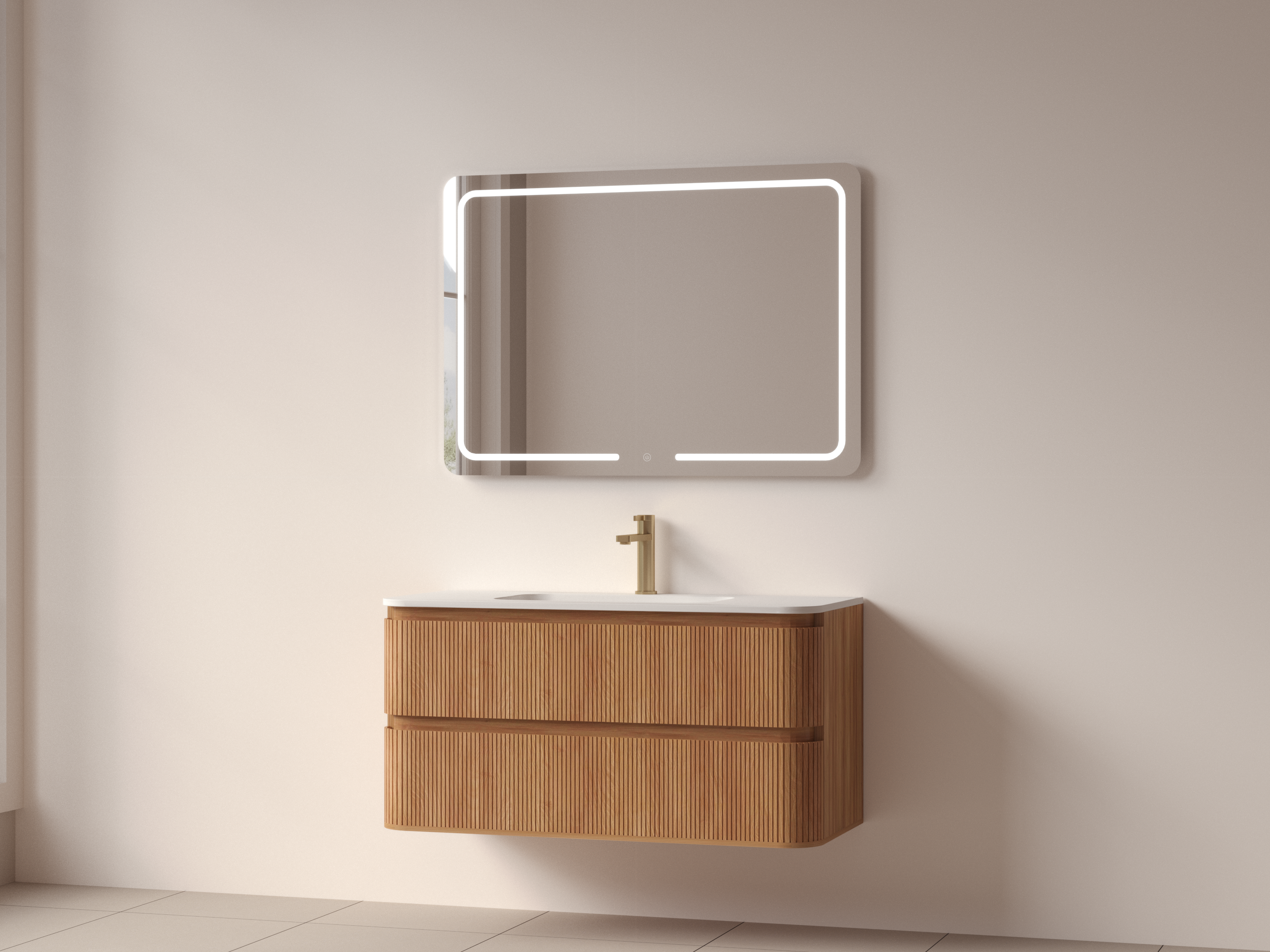 SanoBlu Bali afgerond wastafelmeubel 100 cm acacia met solid surface wastafel