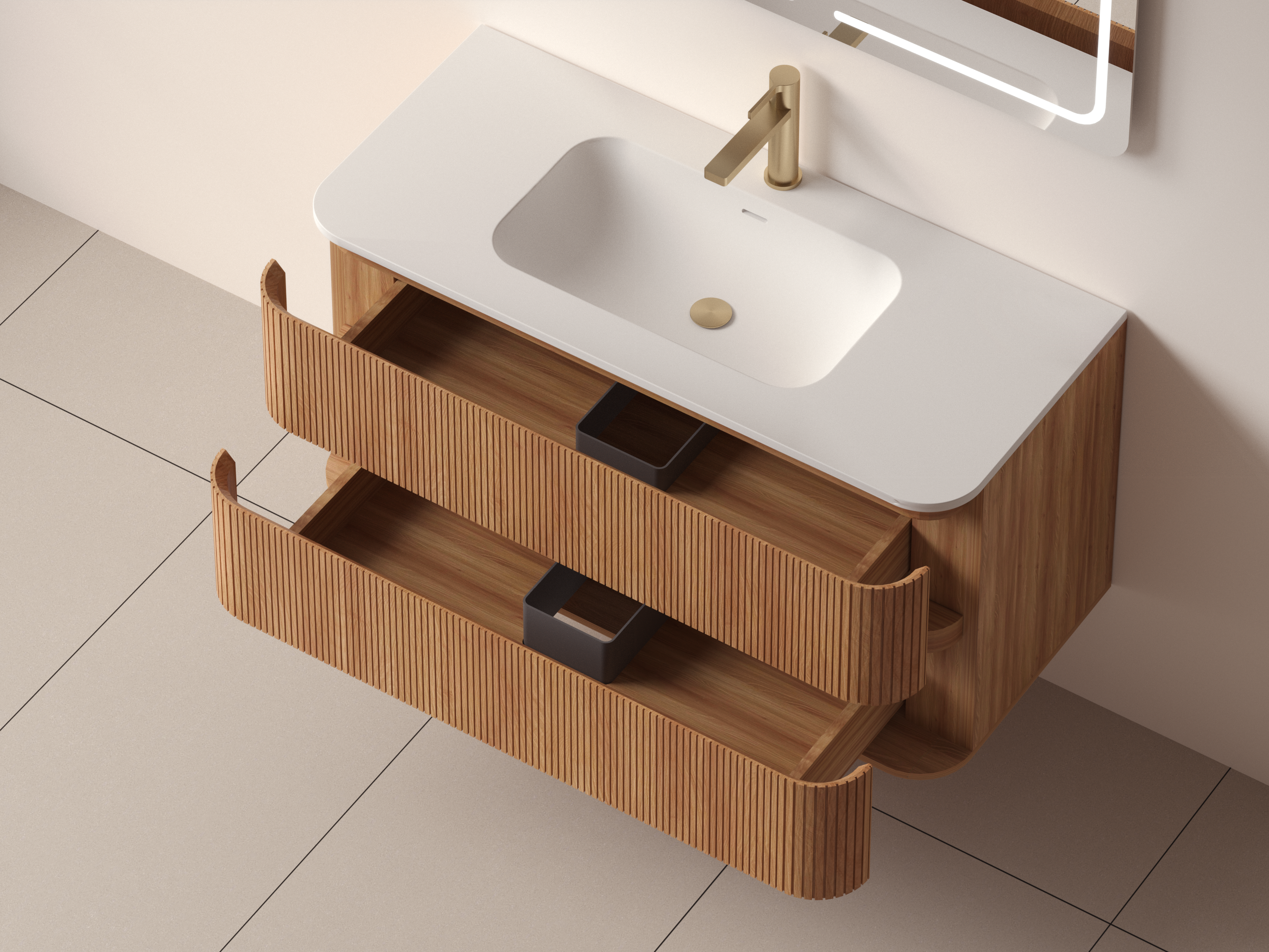 SanoBlu Bali afgerond wastafelmeubel 100 cm acacia met solid surface wastafel 3