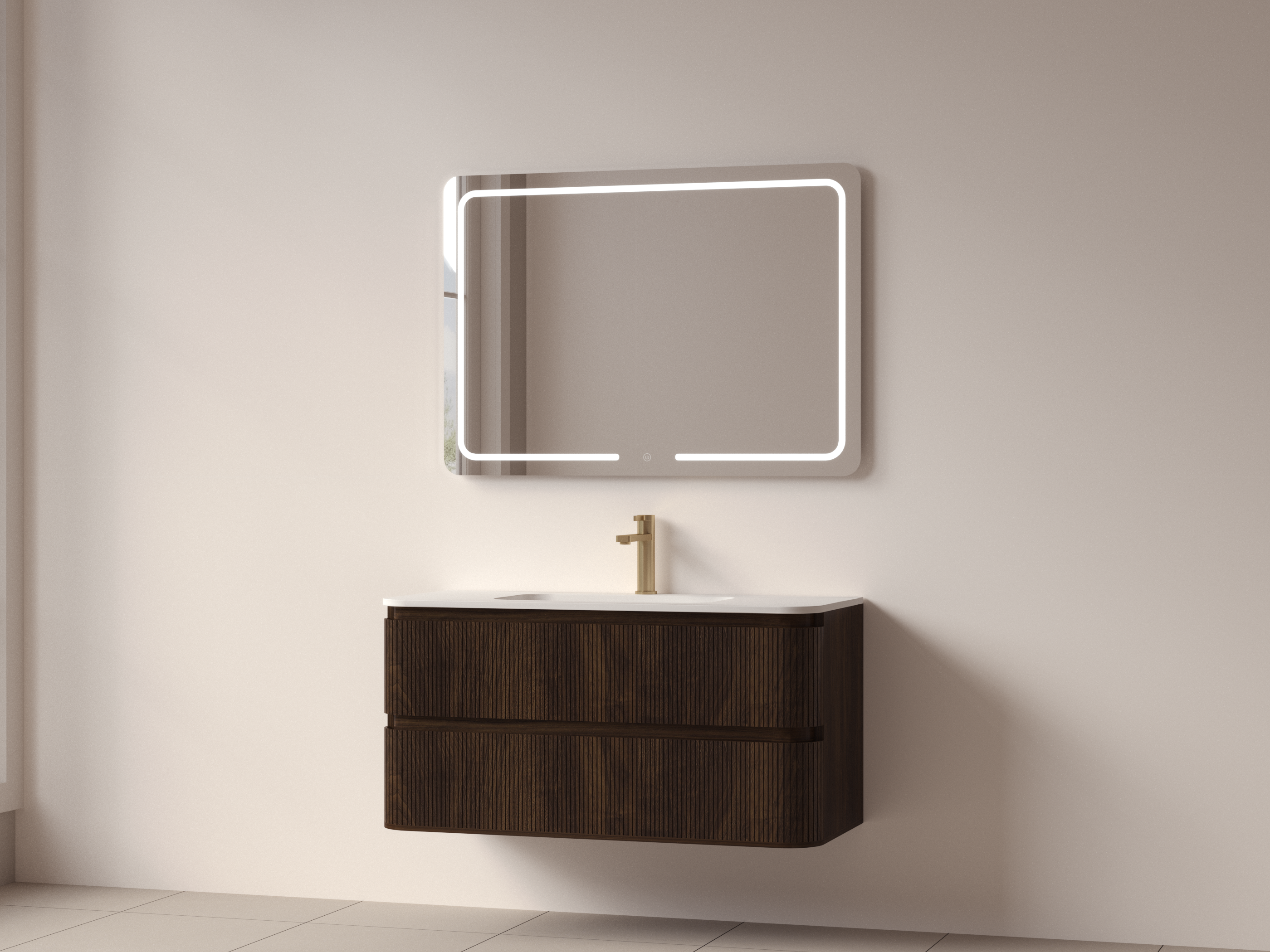SanoBlu Bali afgerond wastafelmeubel 100 cm donker walnoot met solid surface wastafel