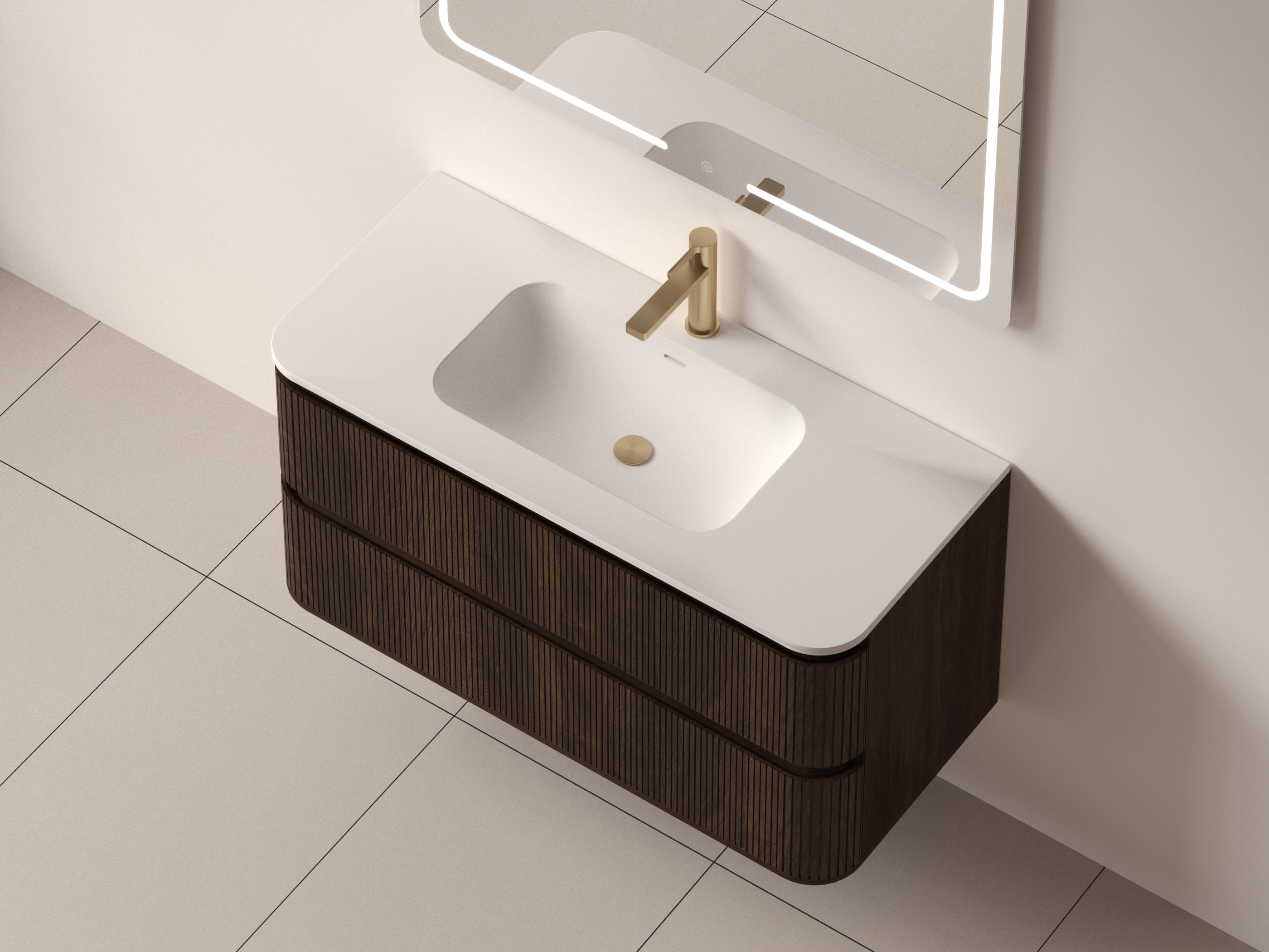 SanoBlu Bali afgerond wastafelmeubel 100 cm donker walnoot met solid surface wastafel
