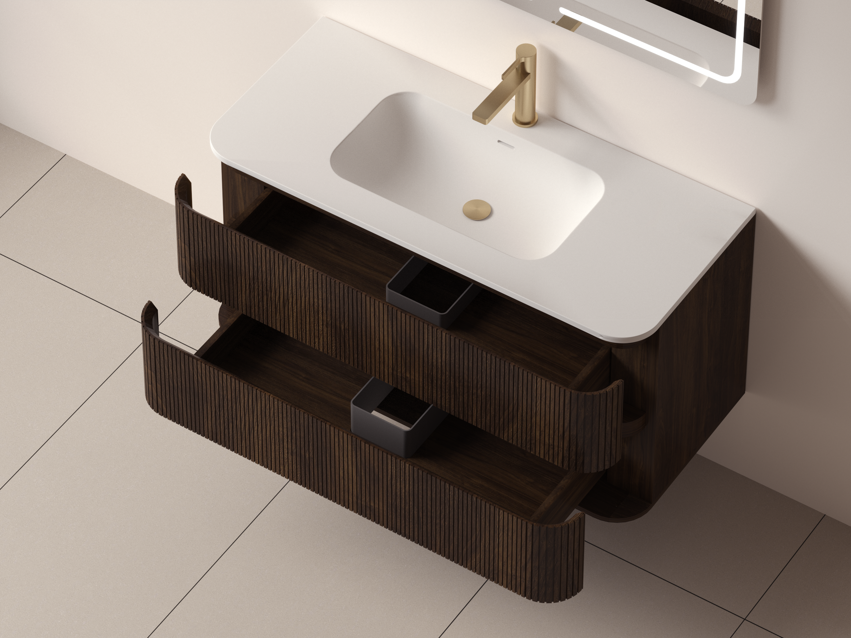 SanoBlu Bali afgerond wastafelmeubel 100 cm donker walnoot met solid surface wastafel 3