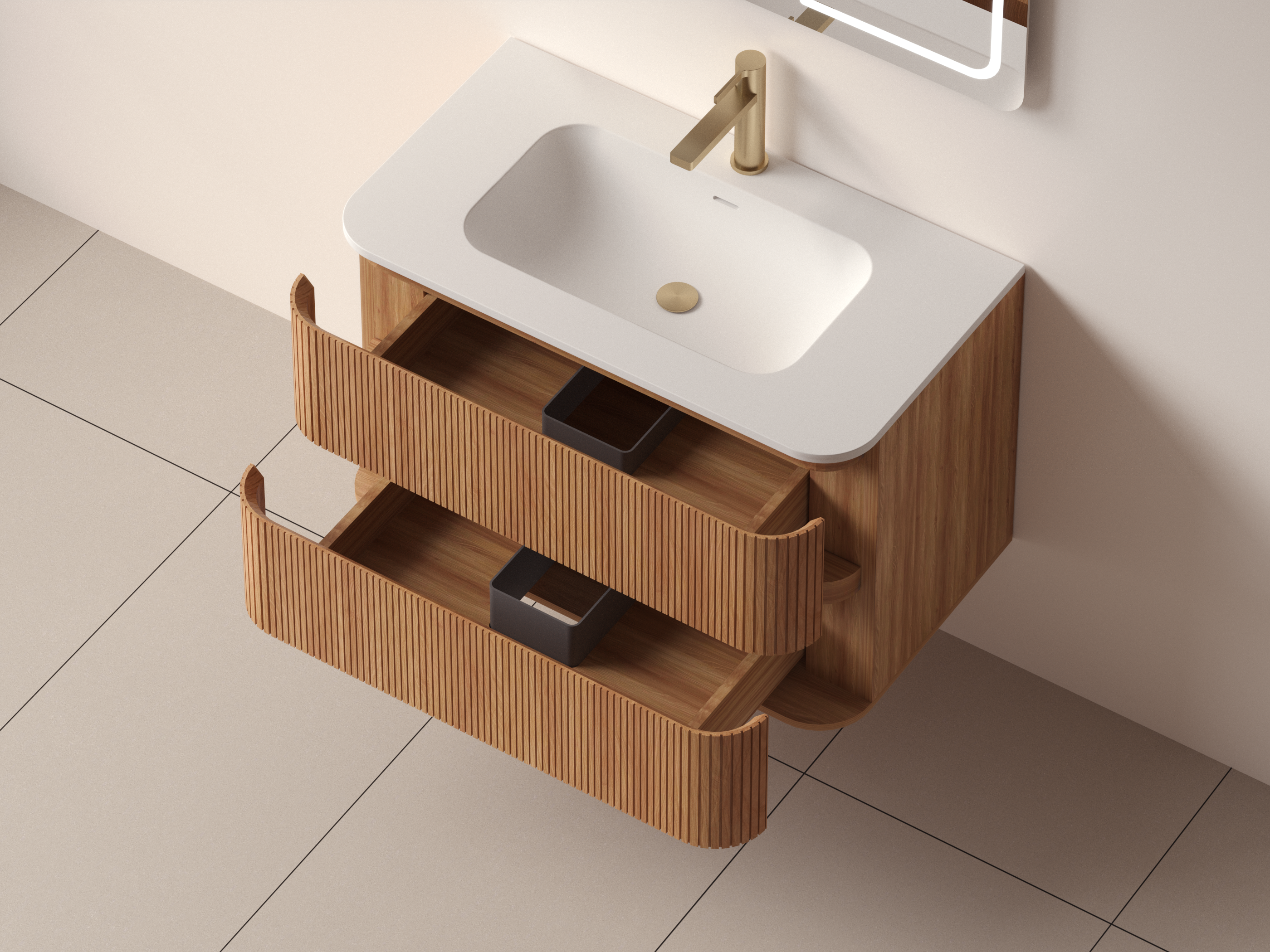 SanoBlu Bali afgerond wastafelmeubel 80 cm acacia met solid surface wastafel 3