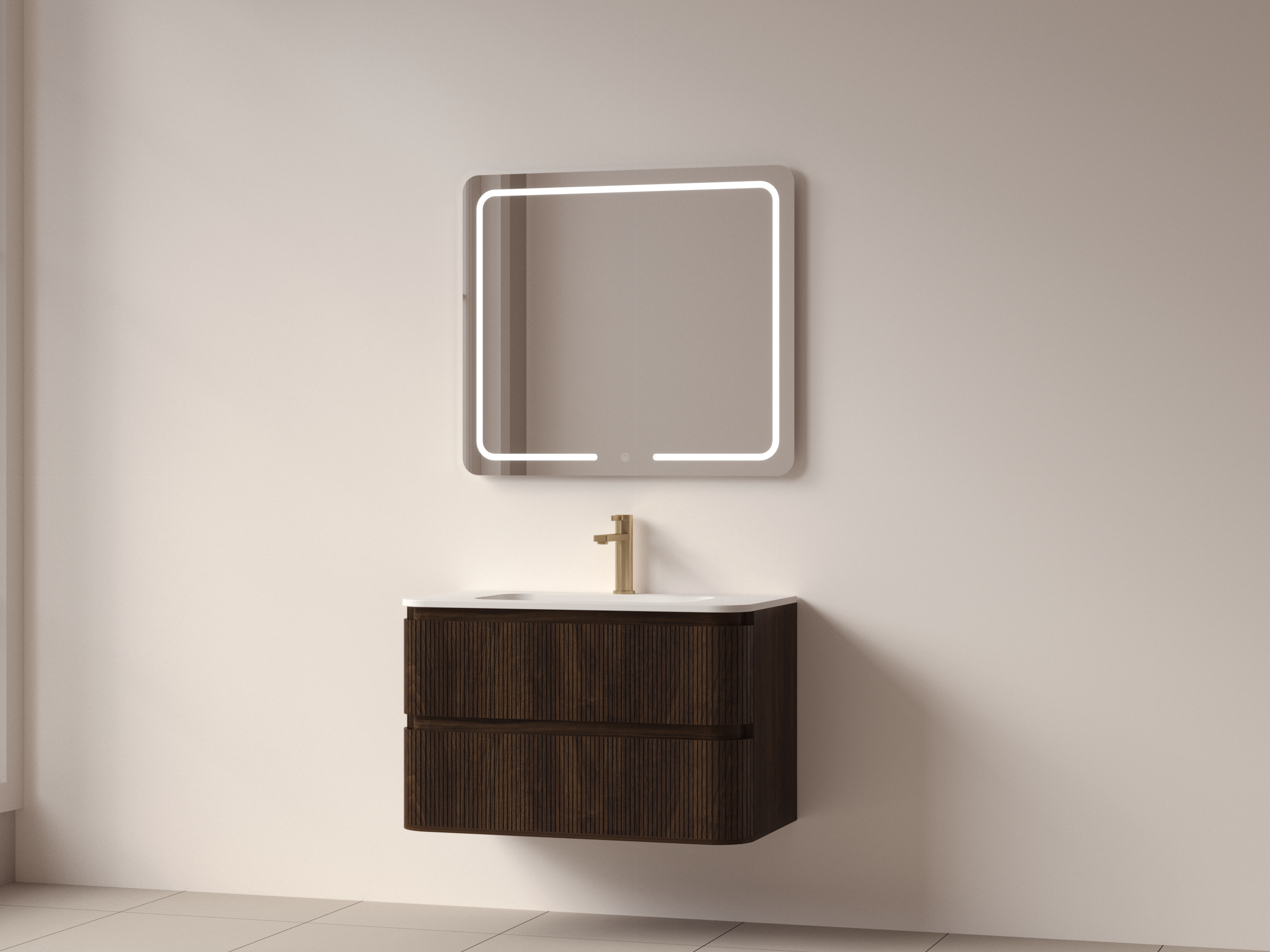 SanoBlu Bali afgerond wastafelmeubel 80 cm donker walnoot met solid surface wastafel