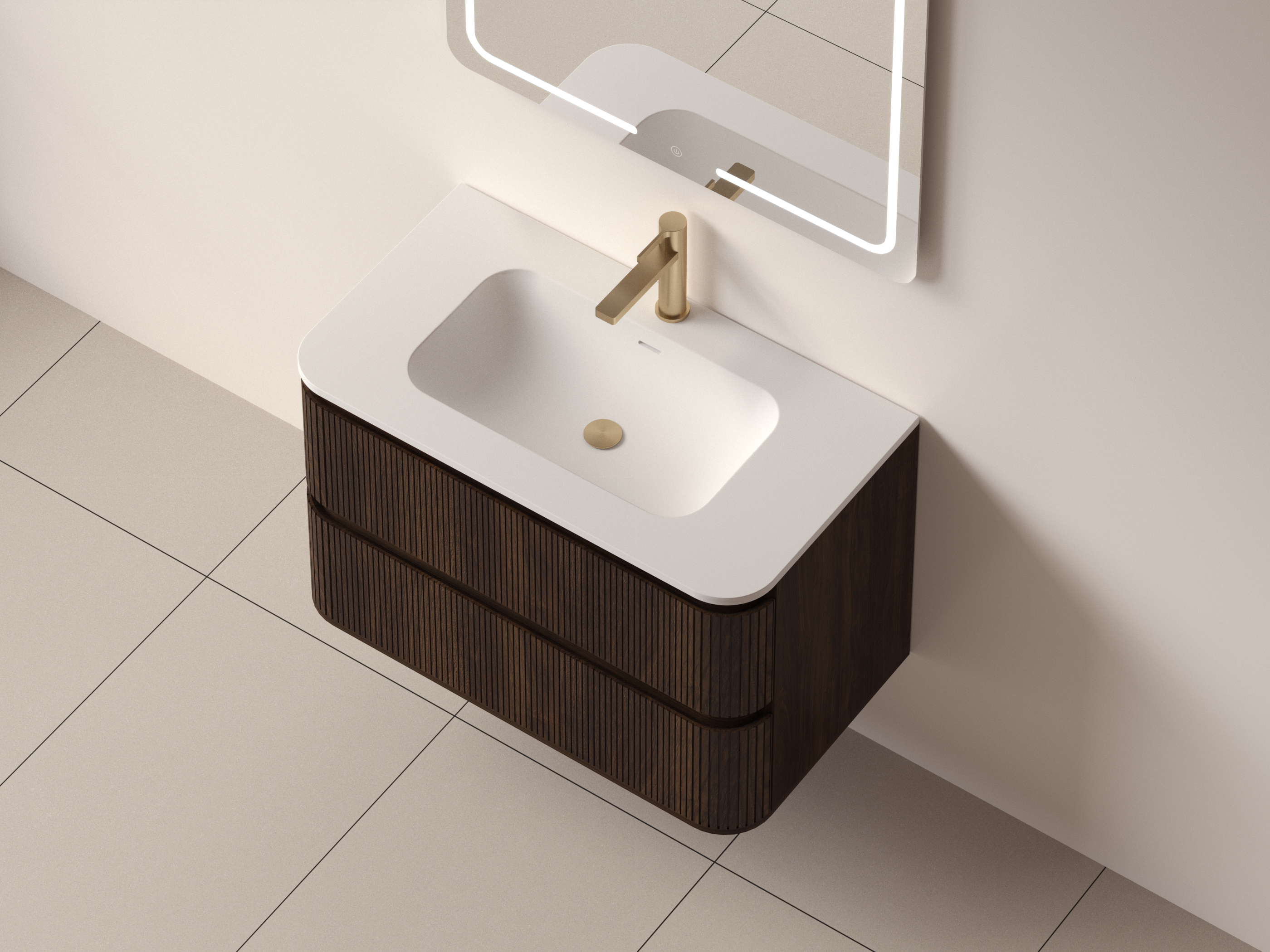 SanoBlu Bali afgerond wastafelmeubel 80 cm donker walnoot met solid surface wastafel