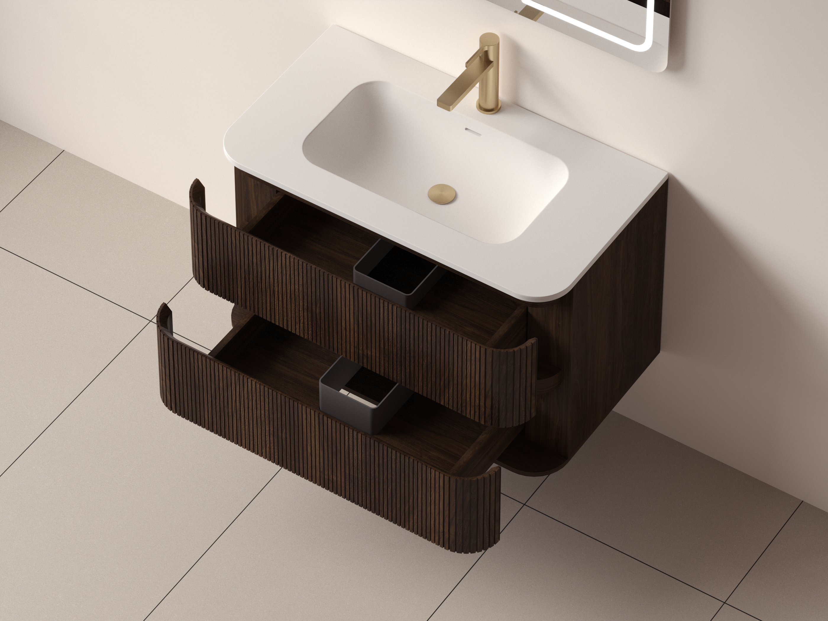 SanoBlu Bali afgerond wastafelmeubel 80 cm donker walnoot met solid surface wastafel 3