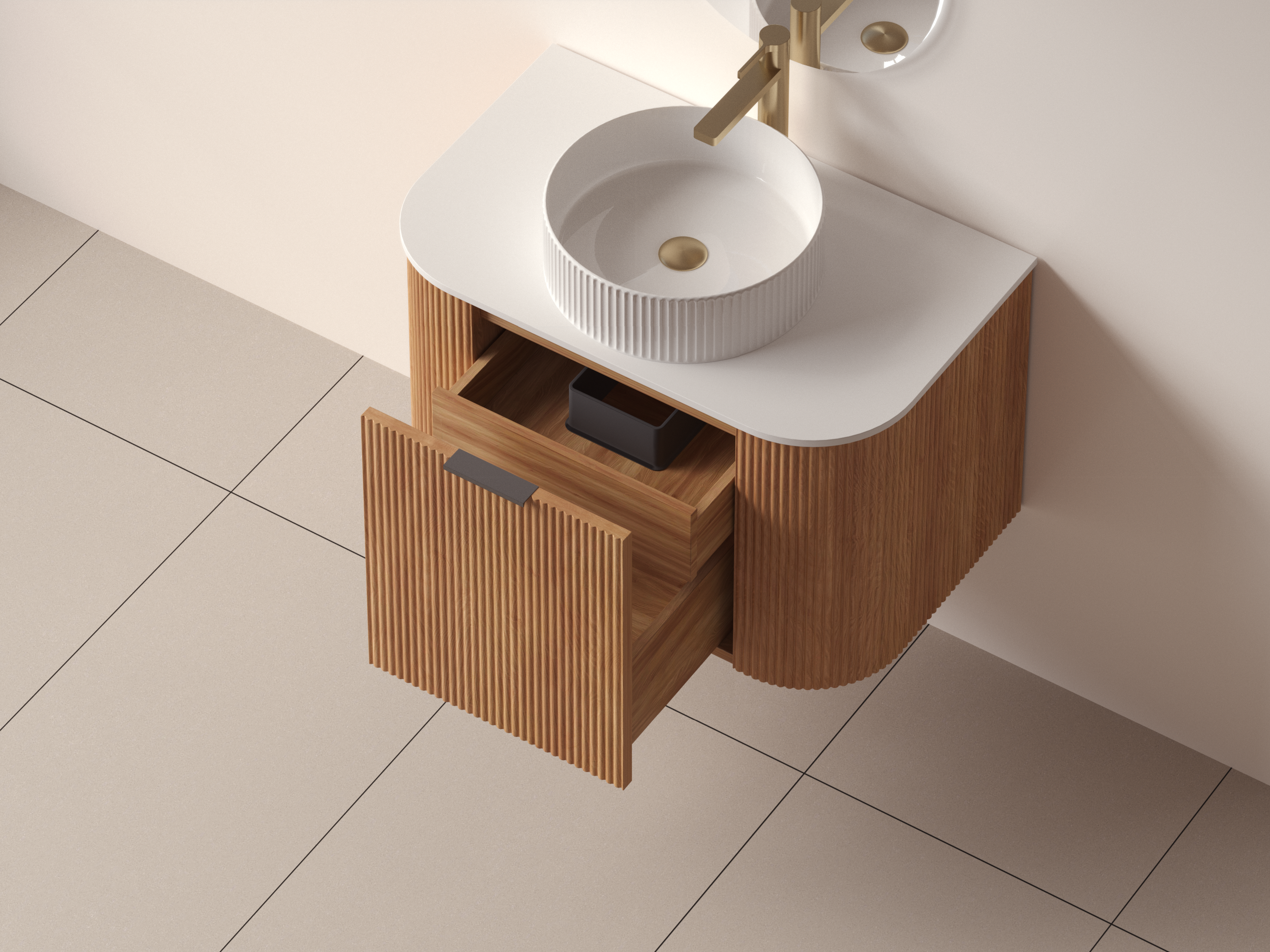SanoBlu Bora afgerond wastafelmeubel 75 cm acacia met wastafelblad en ronde waskom 3