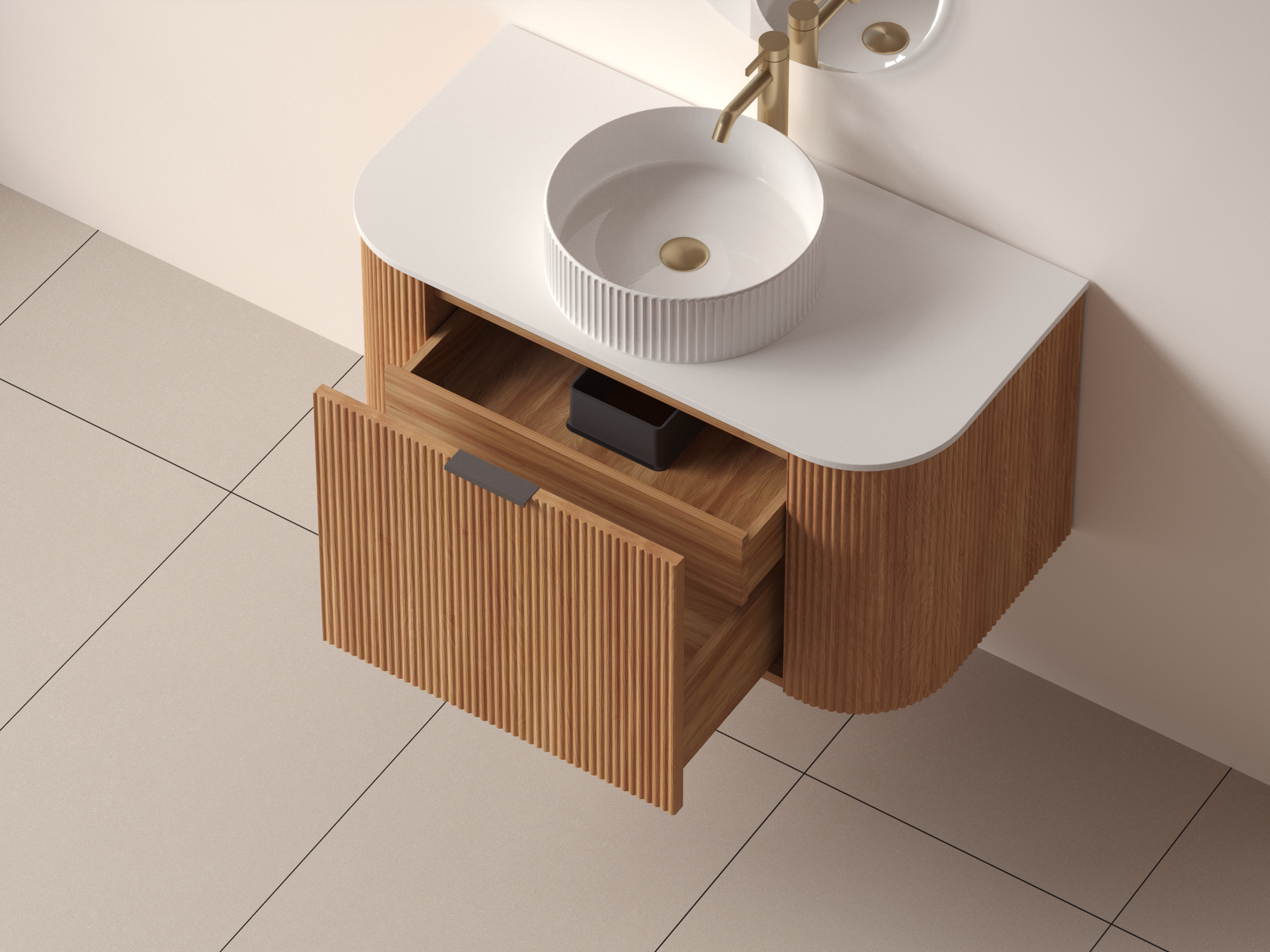 SanoBlu Bora afgerond wastafelmeubel 90 cm acacia met wastafelblad en ronde waskom 3
