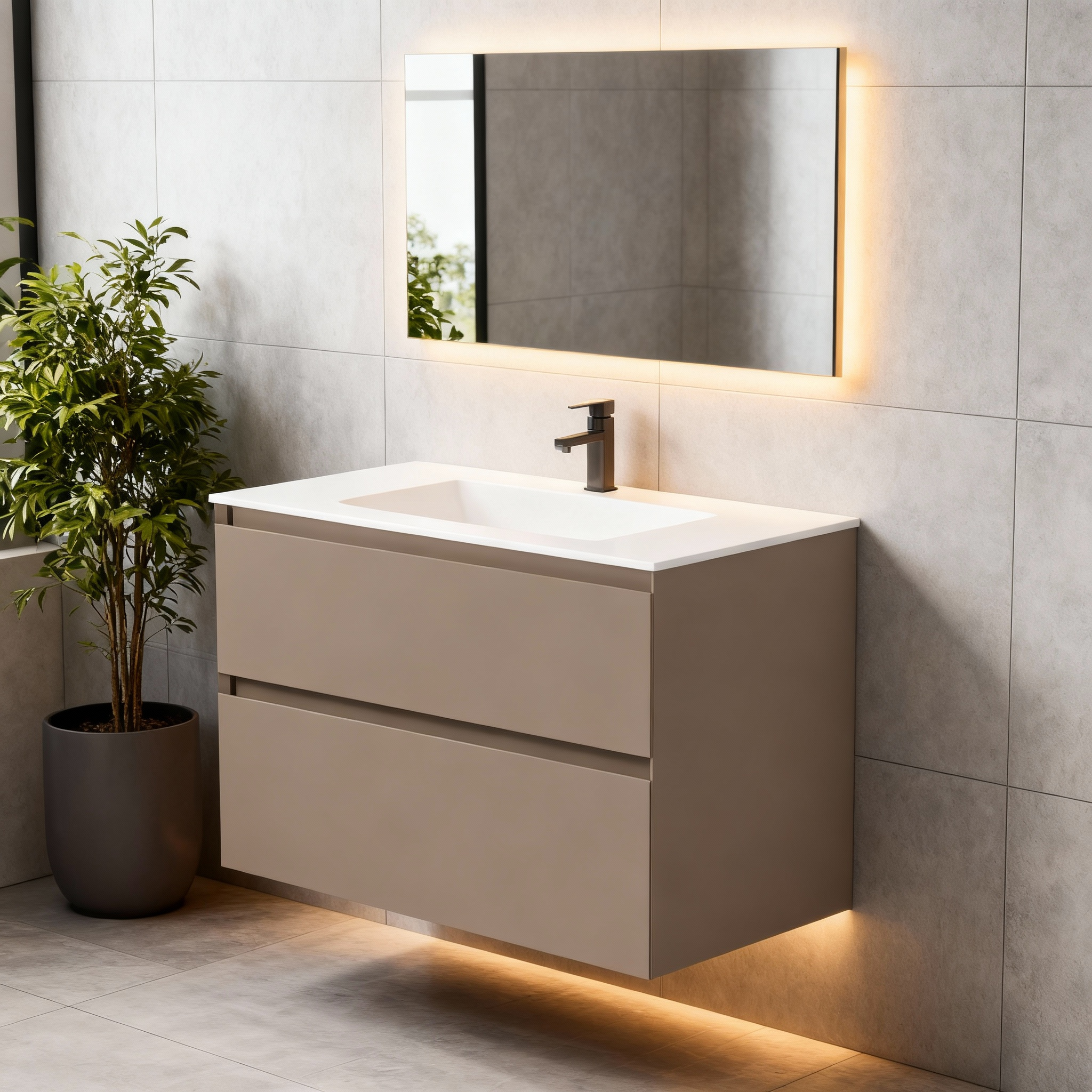 SanoBlu Pure wastafelmeubel 100 cm cacao bruin met keramische wastafel 3
