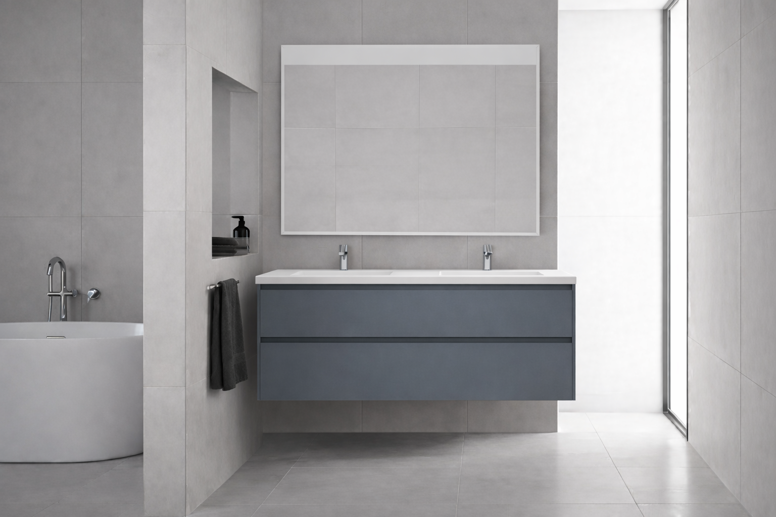 SanoBlu Pure wastafelmeubel 120 cm steenblauw met dubbele keramische wastafel 1