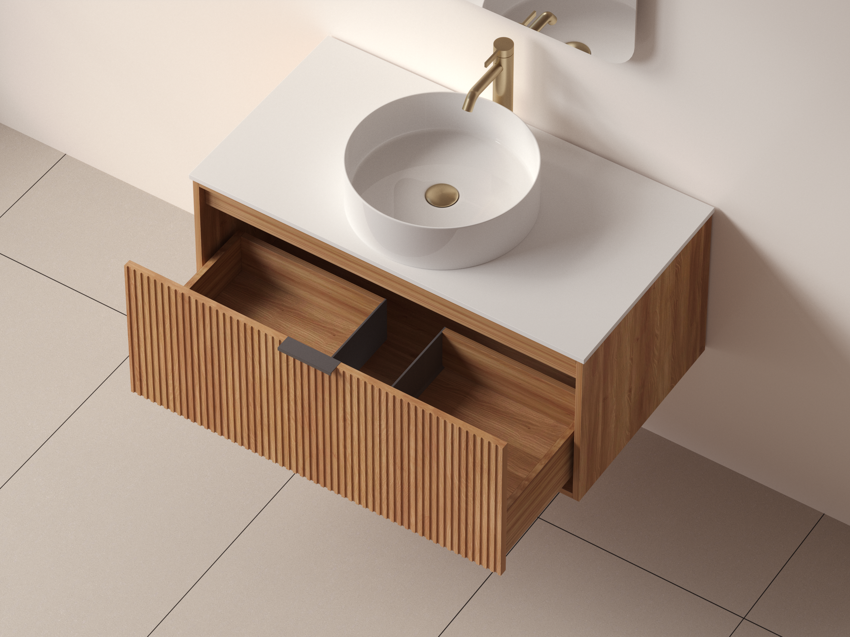SanoBlu Kobe wastafelmeubel 90 cm acacia met wastafelblad en ronde waskom 3