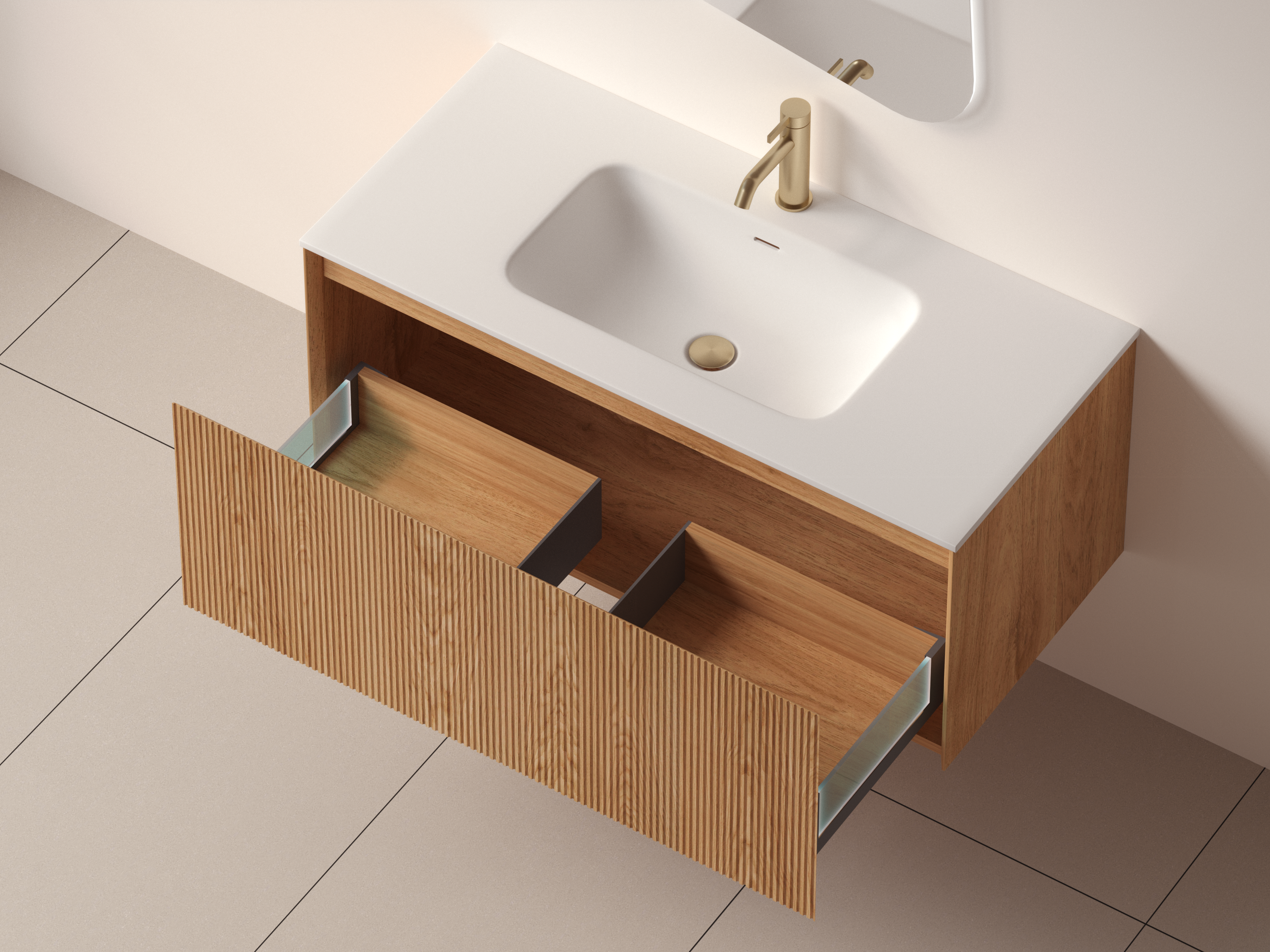 SanoBlu Lima wastafelmeubel 100 cm licht walnoot met solid surface wastafel 3
