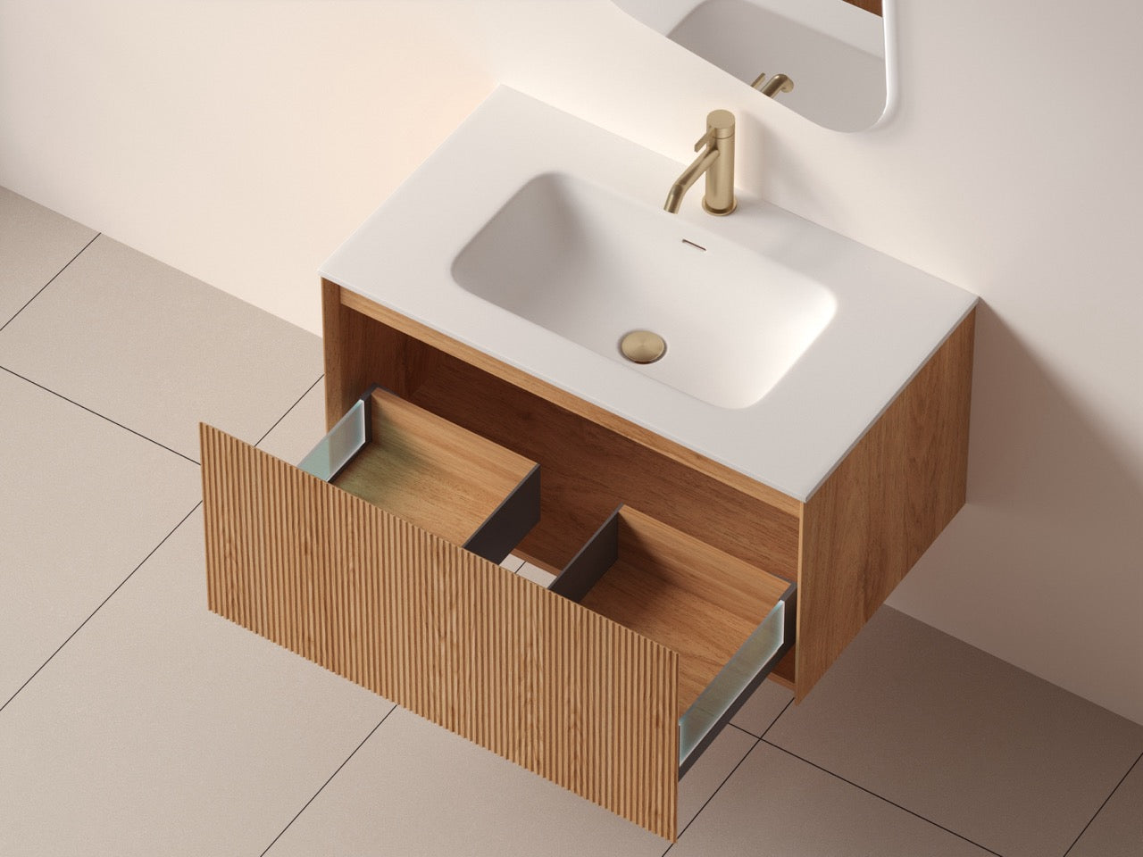 SanoBlu Lima wastafelmeubel 80 cm licht walnoot met solid surface wastafel 3