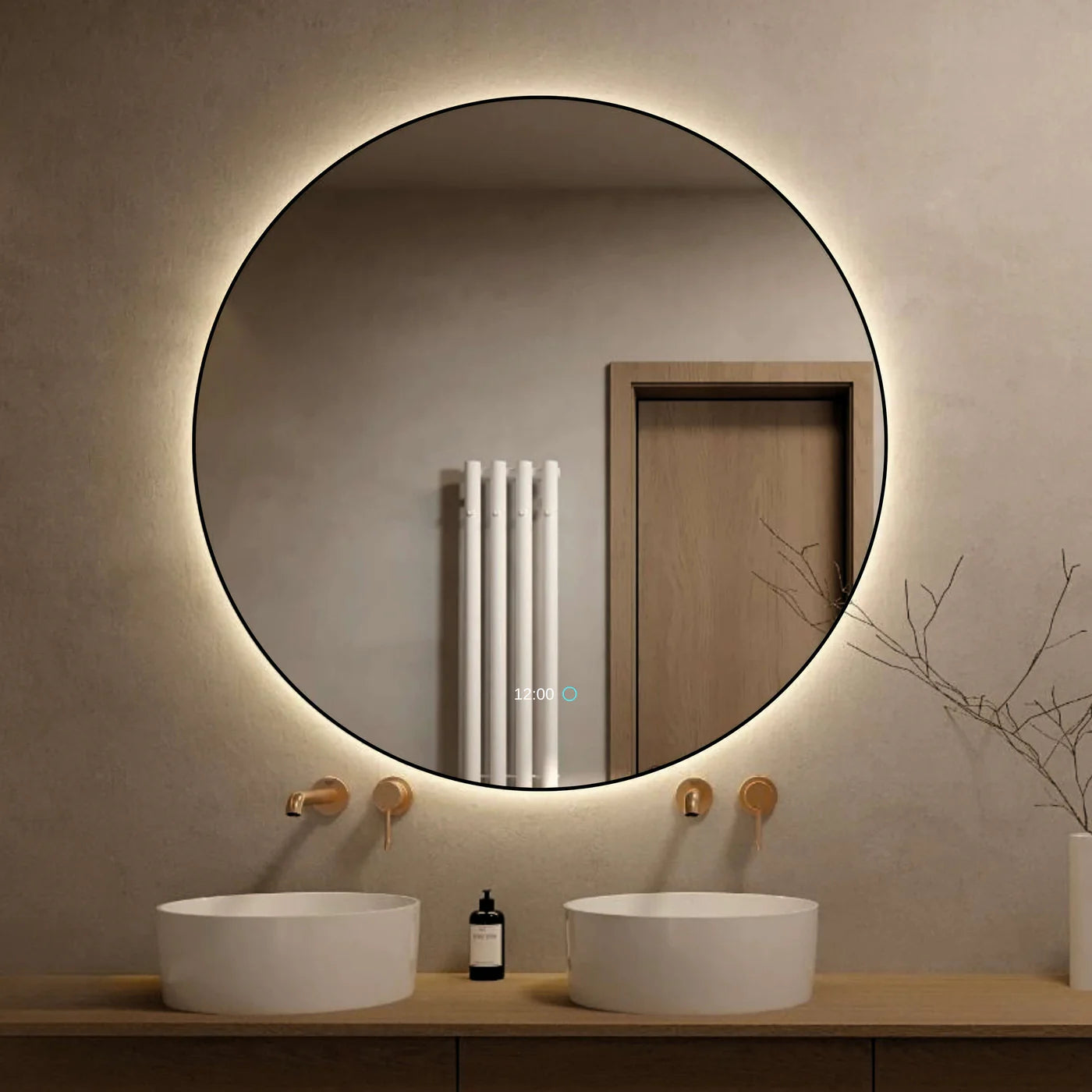 Sanoblu Neon Ronde Badkamerspiegel met zwarte frame LED verlichting en verwarming 120 cm
