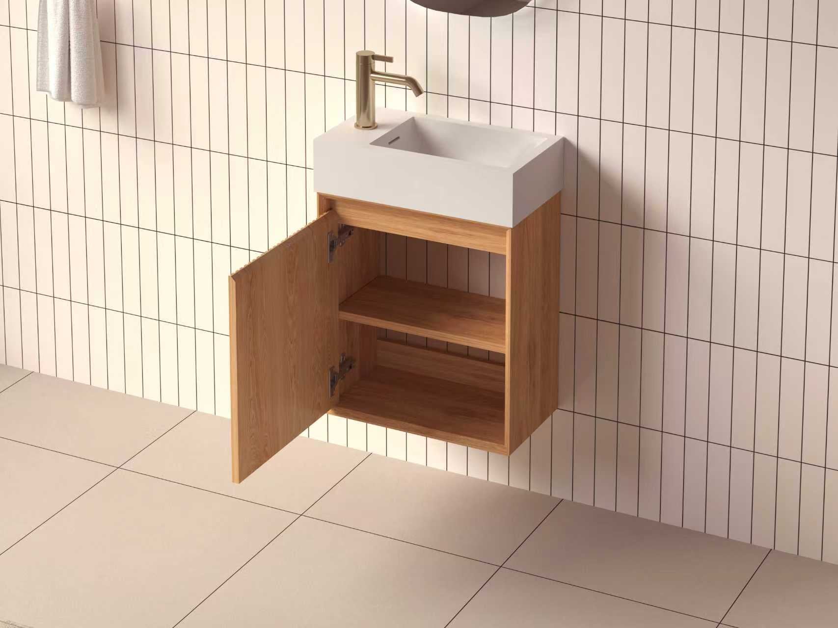 SanoBlu Mori toiletmeubel 45 cm acacia met solid surface fontein wit met LED spiegel 4