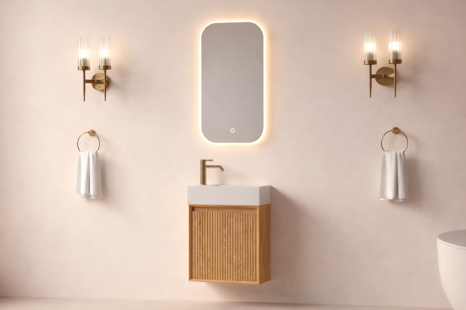 SanoBlu Mori toiletmeubel 45 cm acacia met solid surface fontein wit met LED spiegel