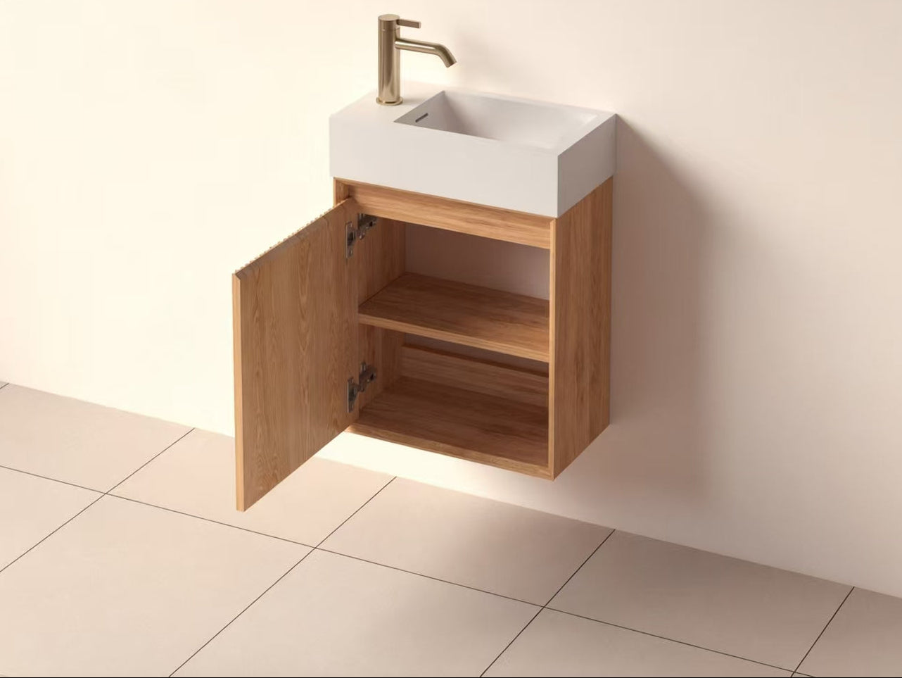 SanoBlu Mori toiletmeubel 45 cm acacia met solid surface fontein wit zonder LED spiegel 3