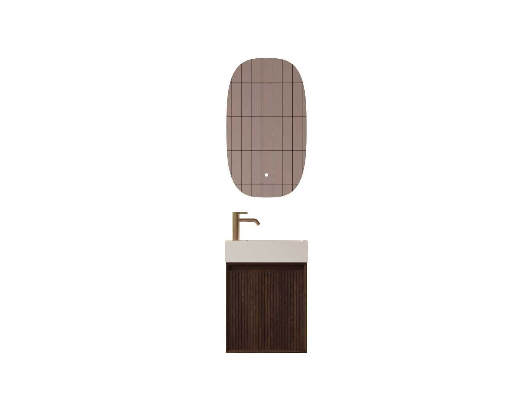 SanoBlu Mori toiletmeubel 45 cm donker walnoot met solid surface fontein wit met LED spiegel 7