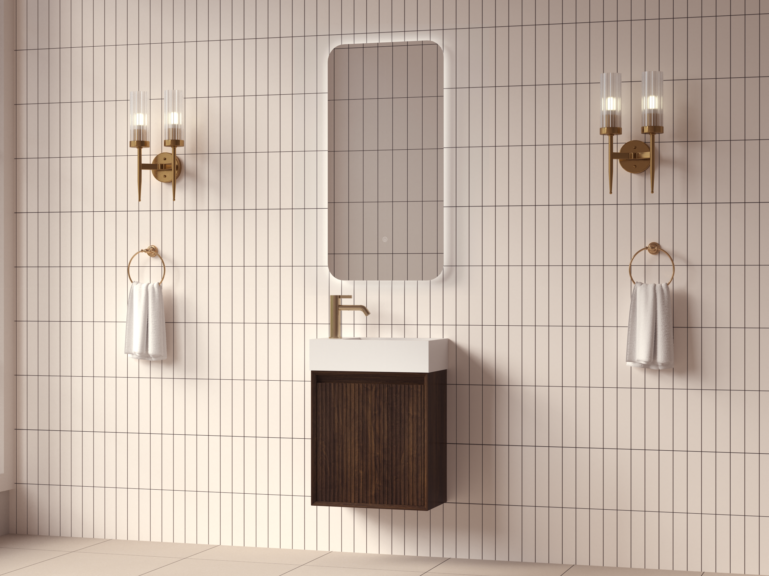 SanoBlu Mori toiletmeubel 45 cm donker walnoot met solid surface fontein wit met LED spiegel 4