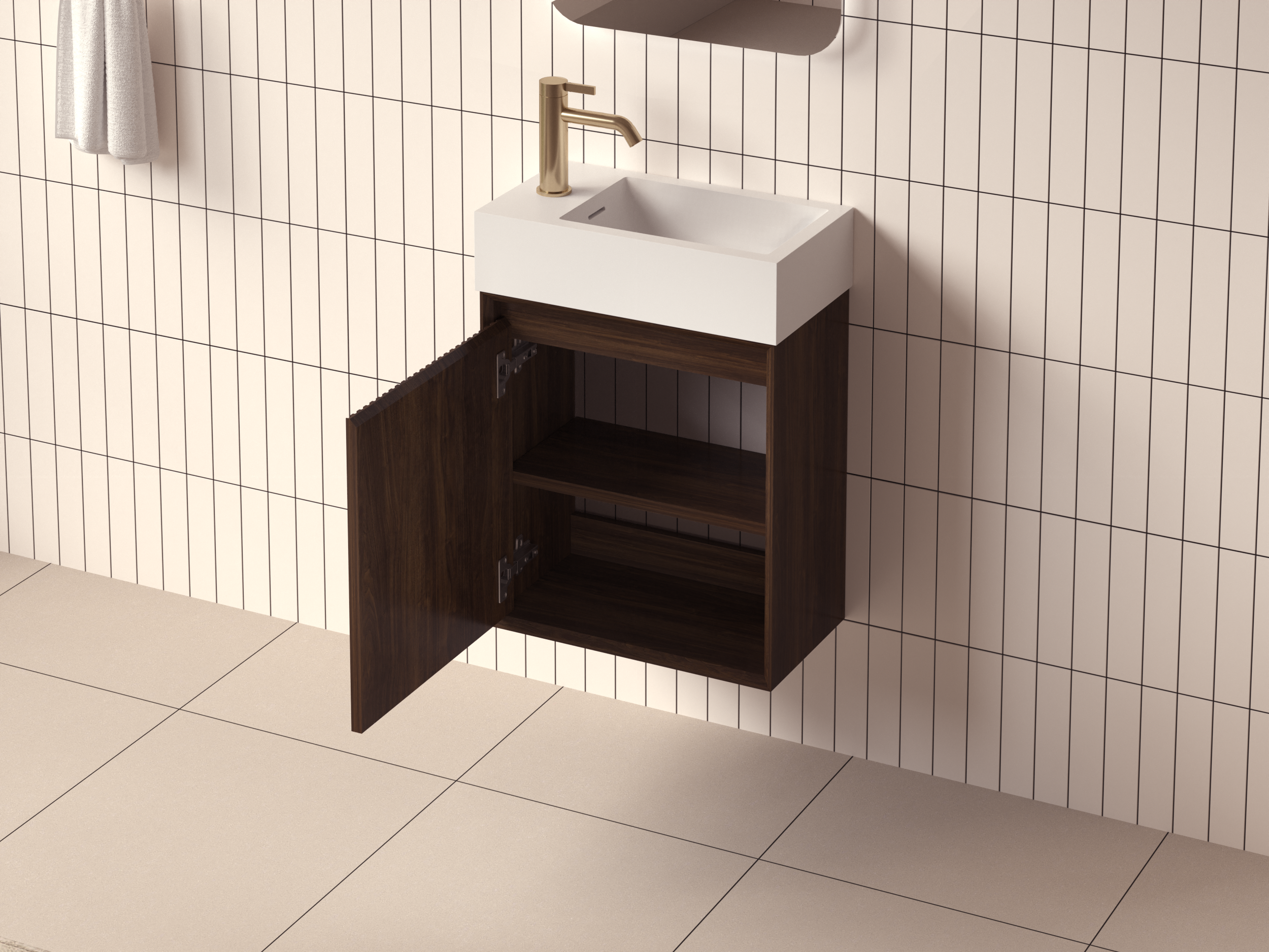 SanoBlu Mori toiletmeubel 45 cm donker walnoot met solid surface fontein wit met LED spiegel 3