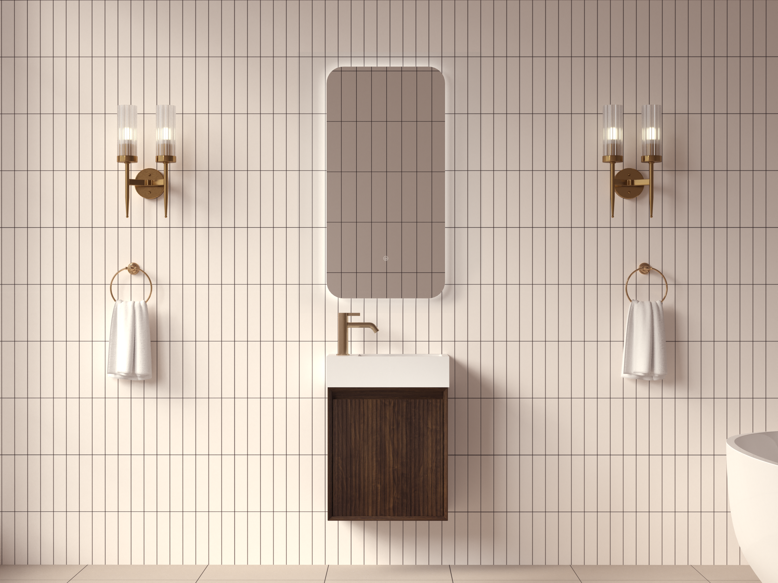 SanoBlu Mori toiletmeubel 45 cm donker walnoot met solid surface fontein wit met LED spiegel