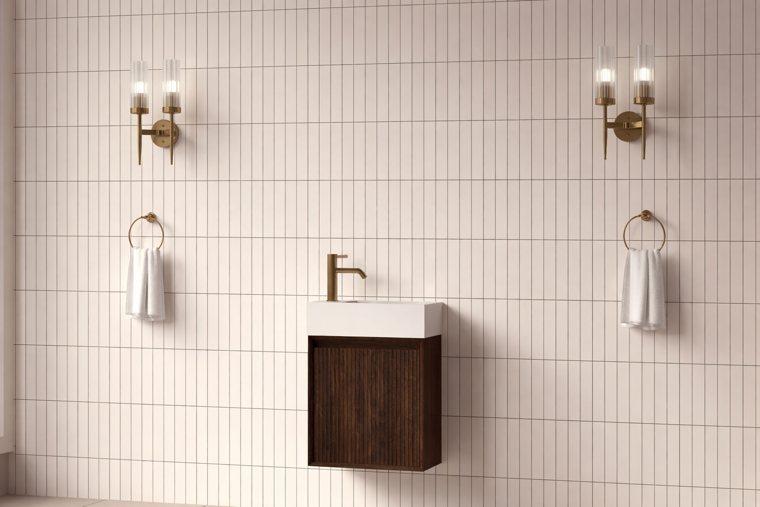 SanoBlu Mori toiletmeubel 45 cm donker walnoot met solid surface fontein wit zonder LED spiegel 4