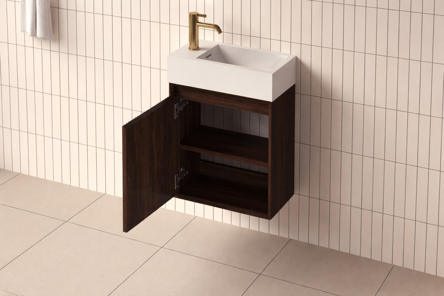 SanoBlu Mori toiletmeubel 45 cm donker walnoot met solid surface fontein wit zonder LED spiegel 3