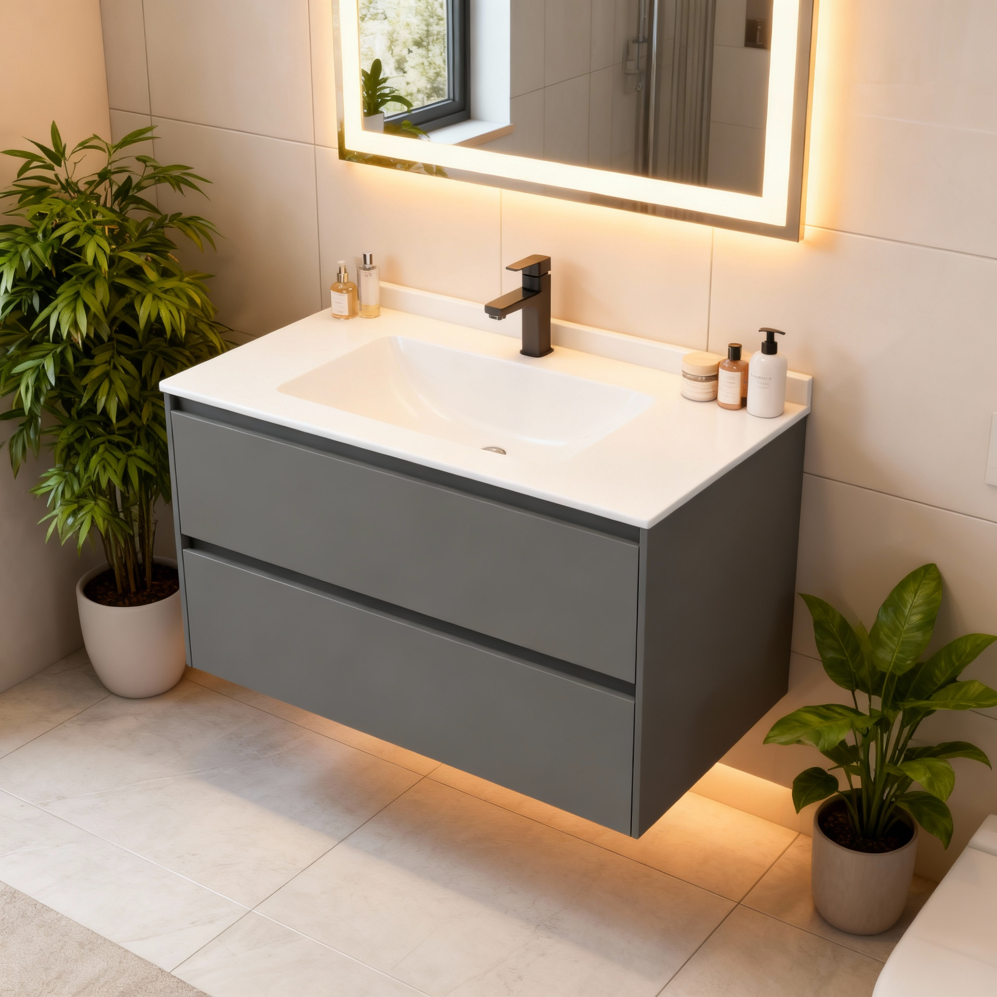 SanoBlu Pure wastafelmeubel 100 cm steengrijs met solid surface wastafel 2