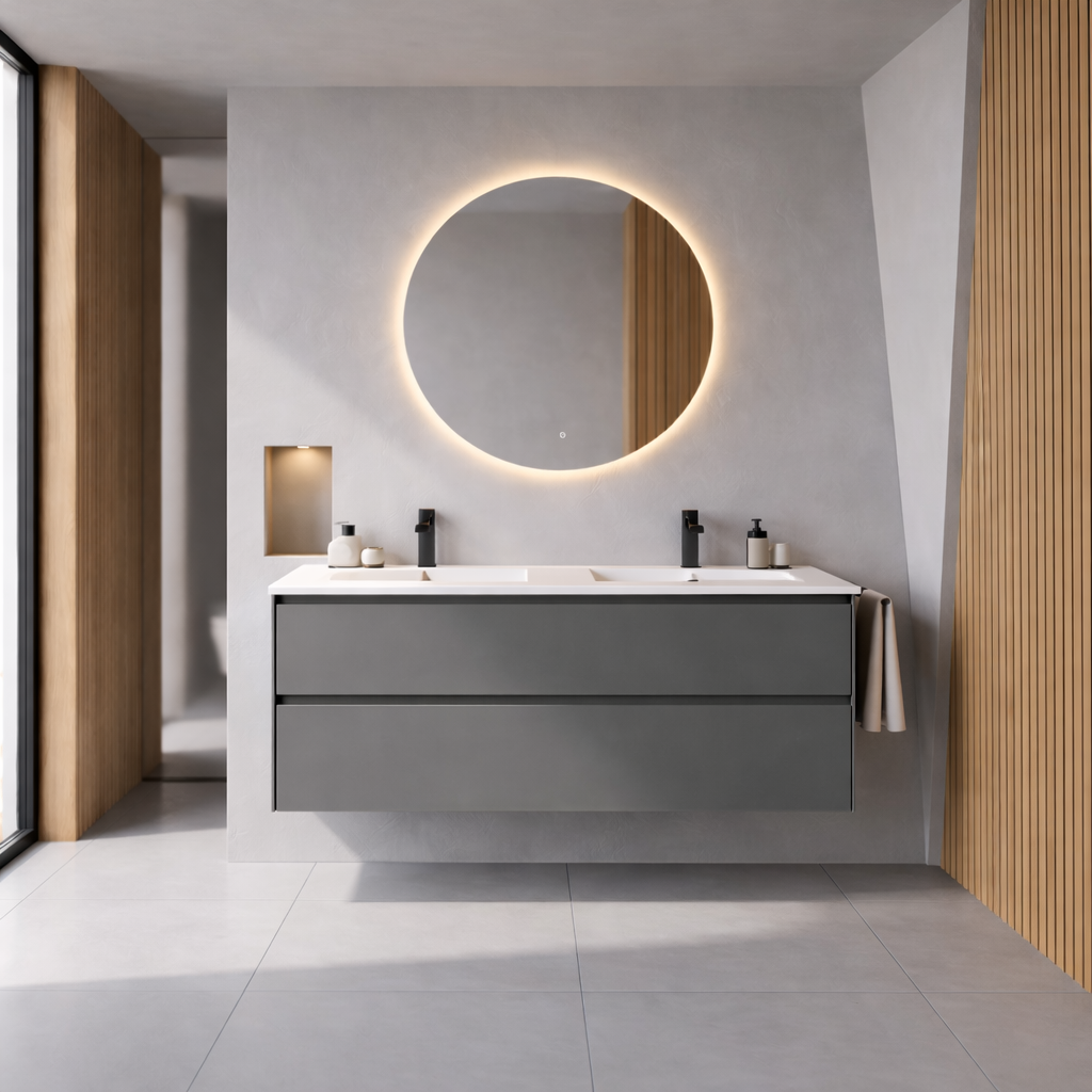 SanoBlu Pure wastafelmeubel 120 cm steengrijs met dubbele keramische wastafel 1