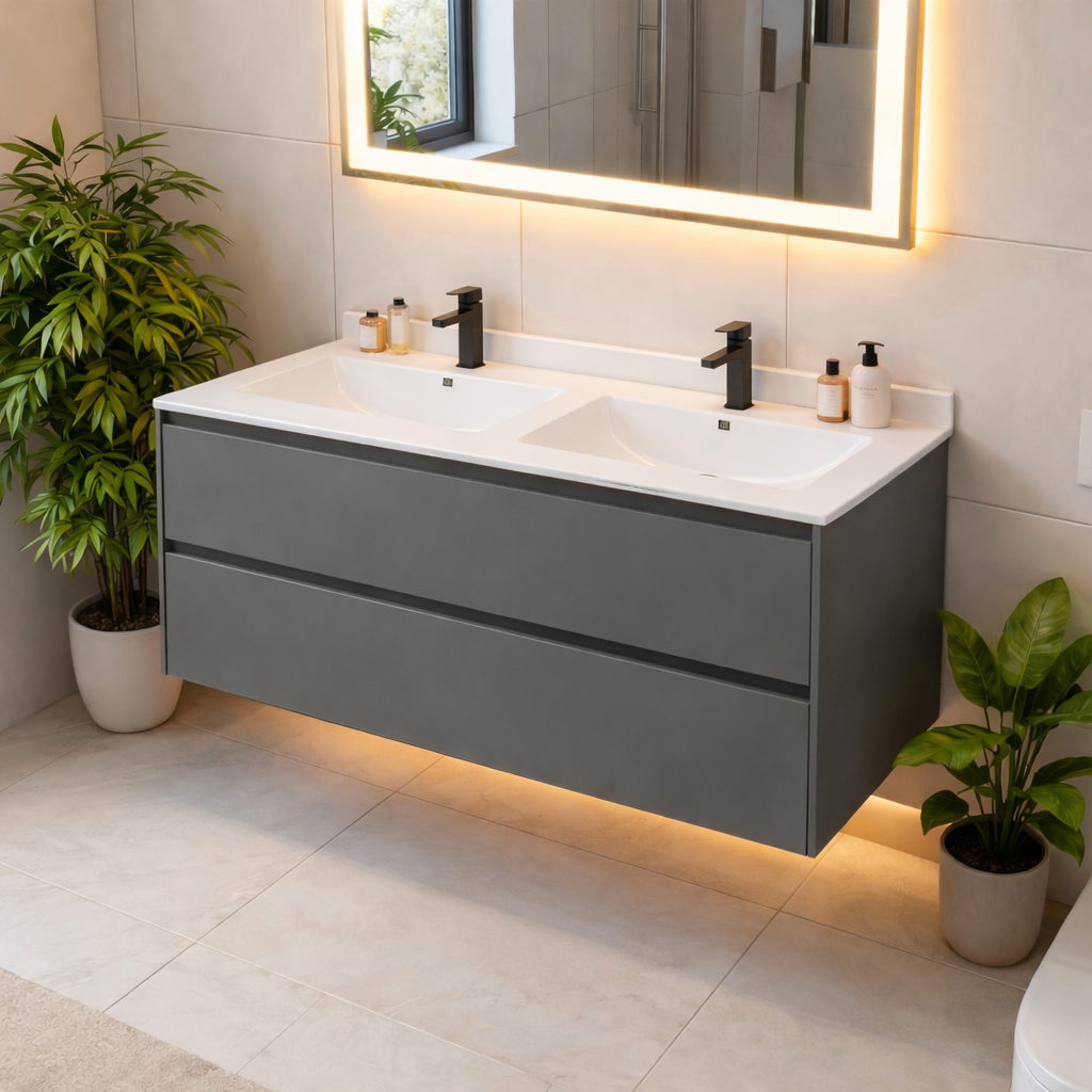 SanoBlu Pure wastafelmeubel 120 cm steengrijs met dubbele keramische wastafel 2