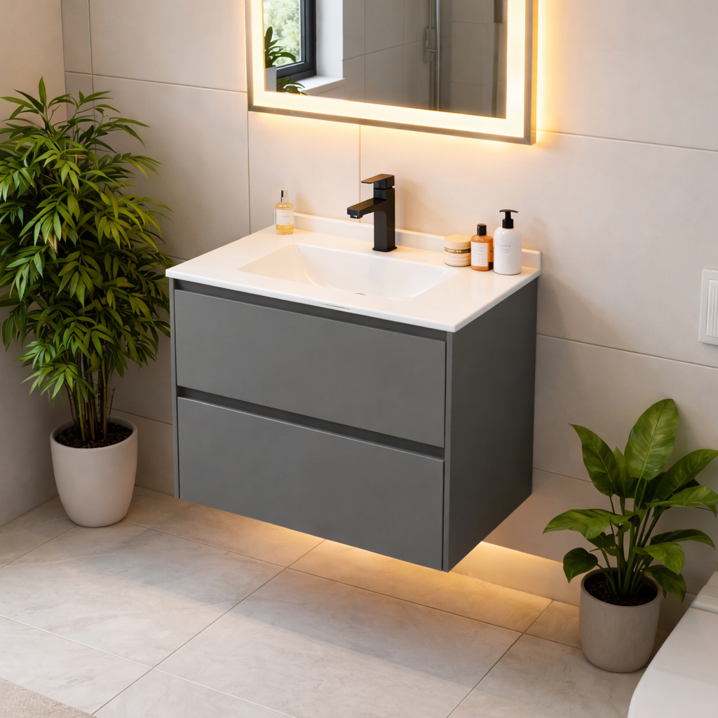 SanoBlu Pure wastafelmeubel 60 cm steengrijs met keramische wastafel 3