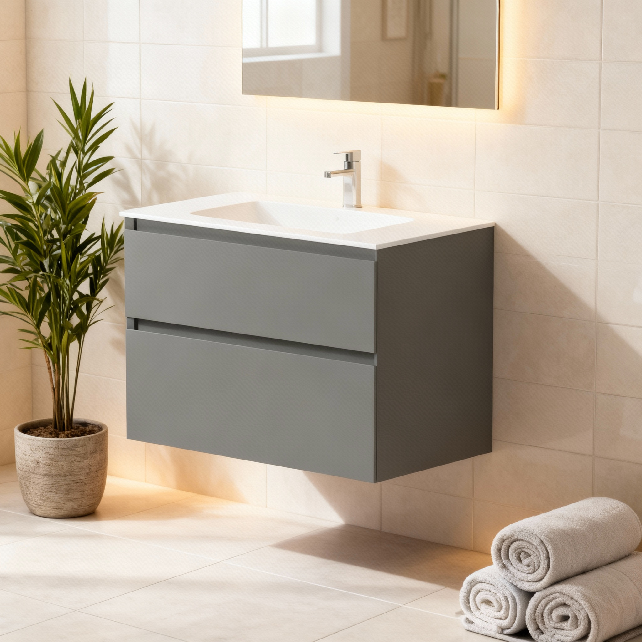 SanoBlu Pure wastafelmeubel 80 cm steengrijs met solid surface wastafel 2